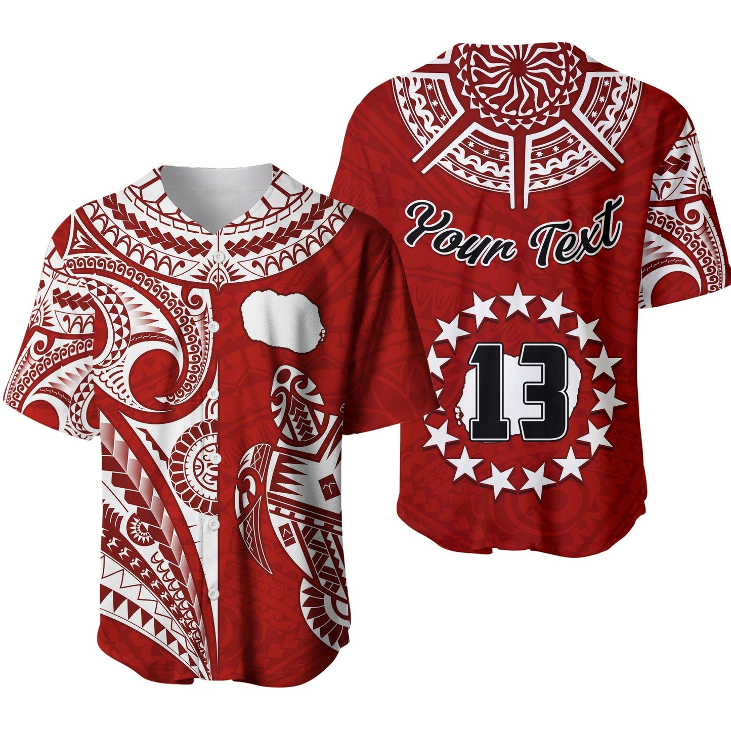 (Custom Text and Number) Rarotonga Cook Islands Baseball Jersey Turtle and Map Style Red