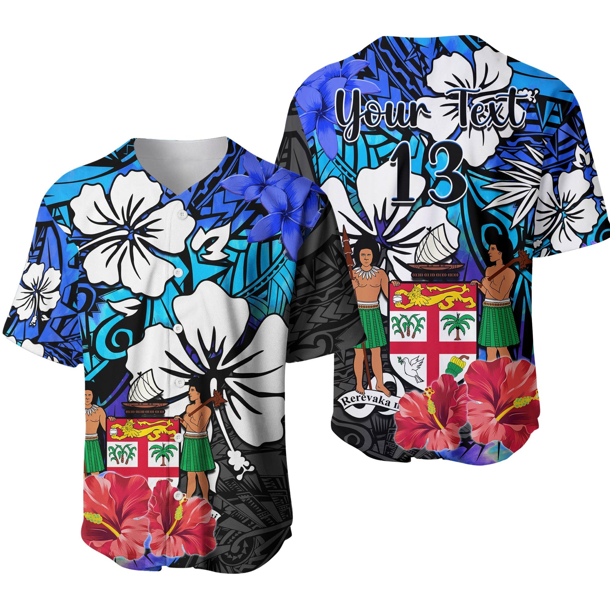 (Custom Text and Number) Fiji Tie Dye Baseball Jersey Polynesian Blue Tribal Creative Tropical Flowers