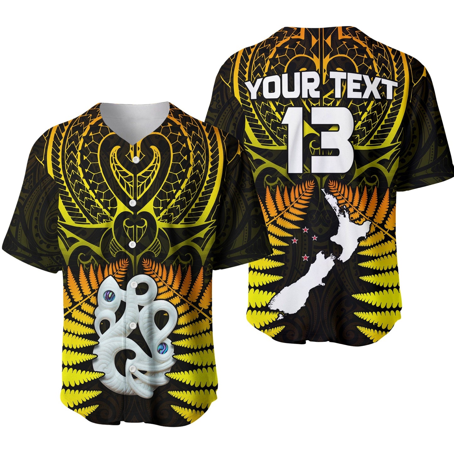 (Custom Text and Number) Aotearoa Fern Baseball Jersey New Zealand Hei Tiki Gold Style