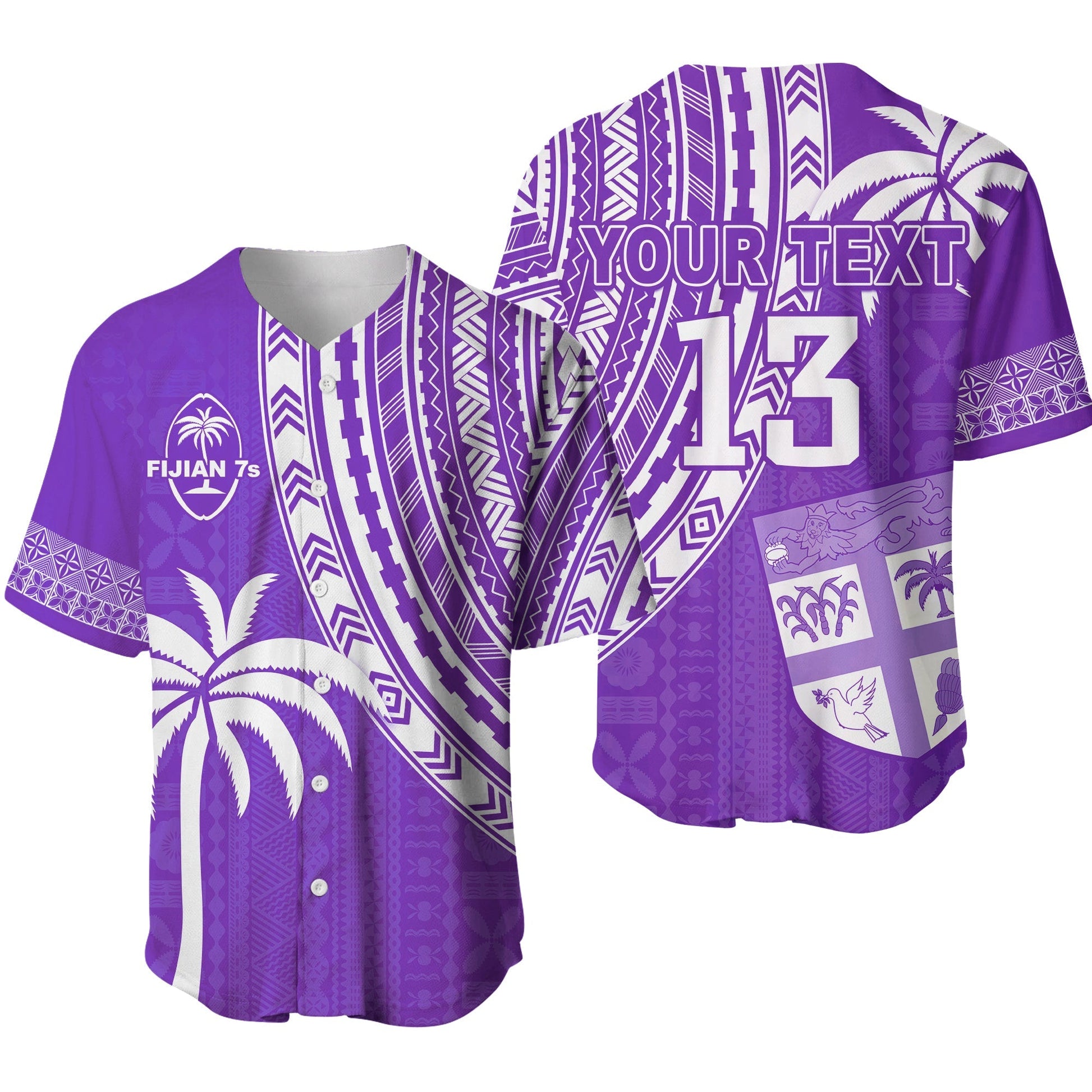 (Custom Text and Number) Fiji Rugby Sevens Baseball Jersey Fijian 7s Tapa Polynesian Purple