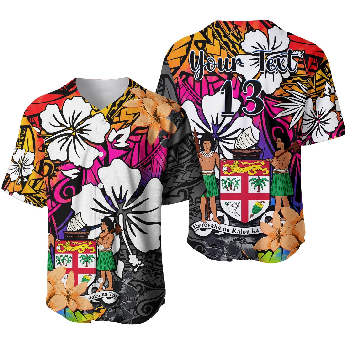(Custom Text and Number) Fiji Tie Dye Baseball Jersey Polynesian Tribal Creative Tropical Flowers