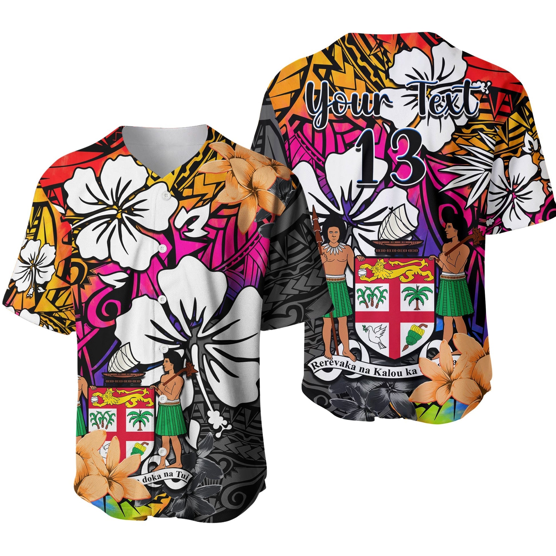 (Custom Text and Number) Fiji Tie Dye Baseball Jersey Polynesian Tribal Creative Tropical Flowers