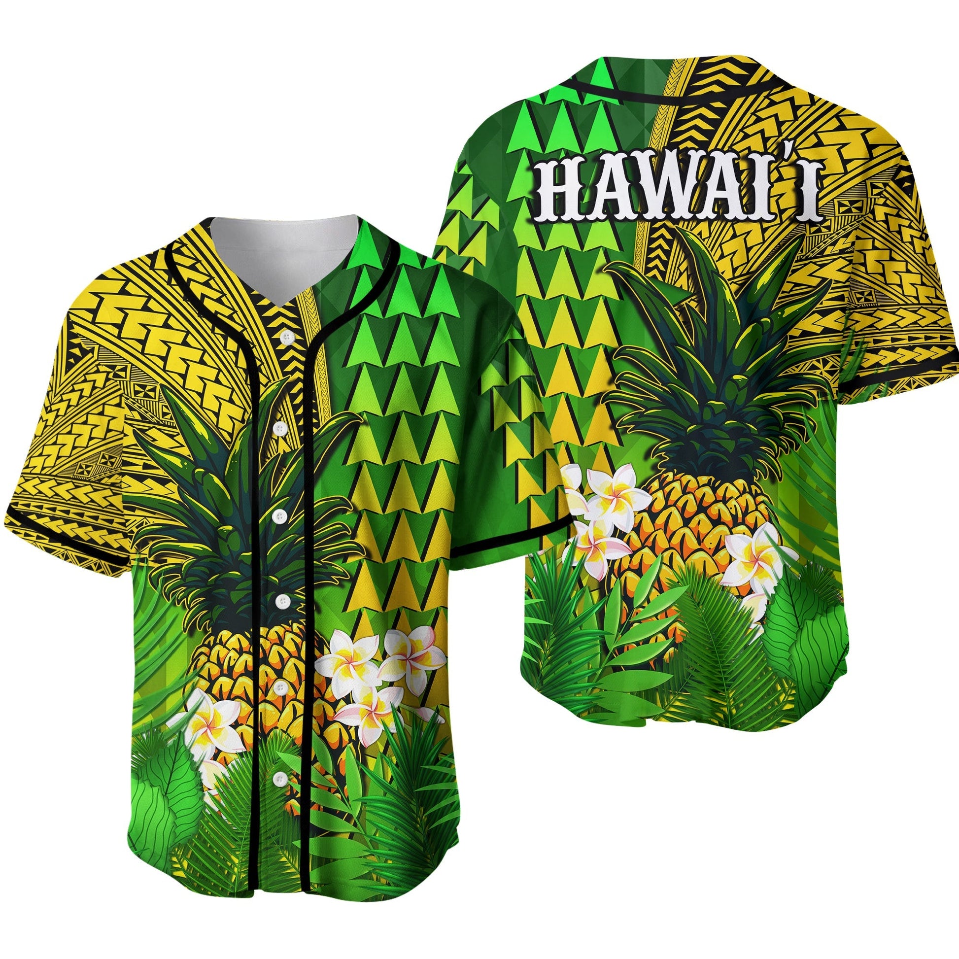 Hawaii Pineapple Baseball Jersey Plumeria Frangipani Mix Tribal Pattern Ver.02