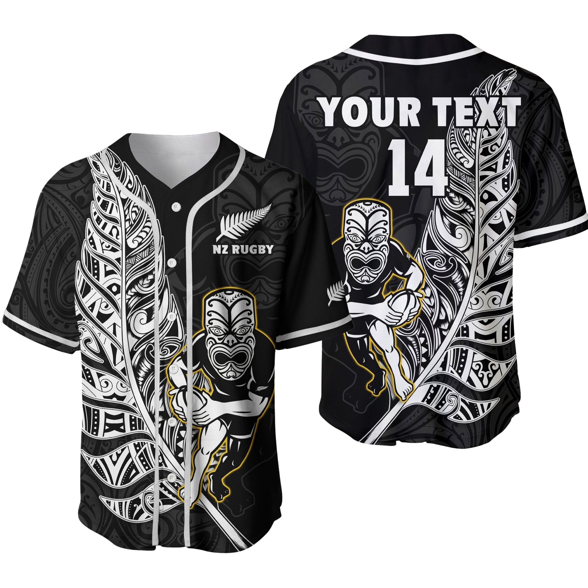 (Custom Text And Number) New Zealand Silver Fern Rugby Baseball Jersey All Black Maori Version Black Ver.02