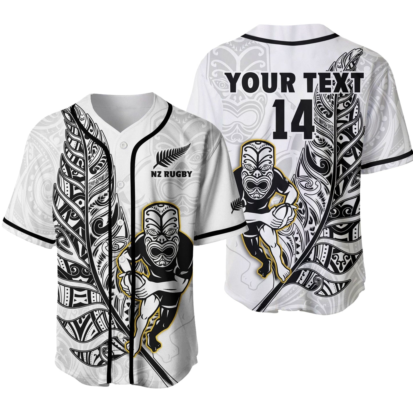 (Custom Text And Number) New Zealand Silver Fern Rugby Baseball Jersey All Black Maori Version White Ver.02