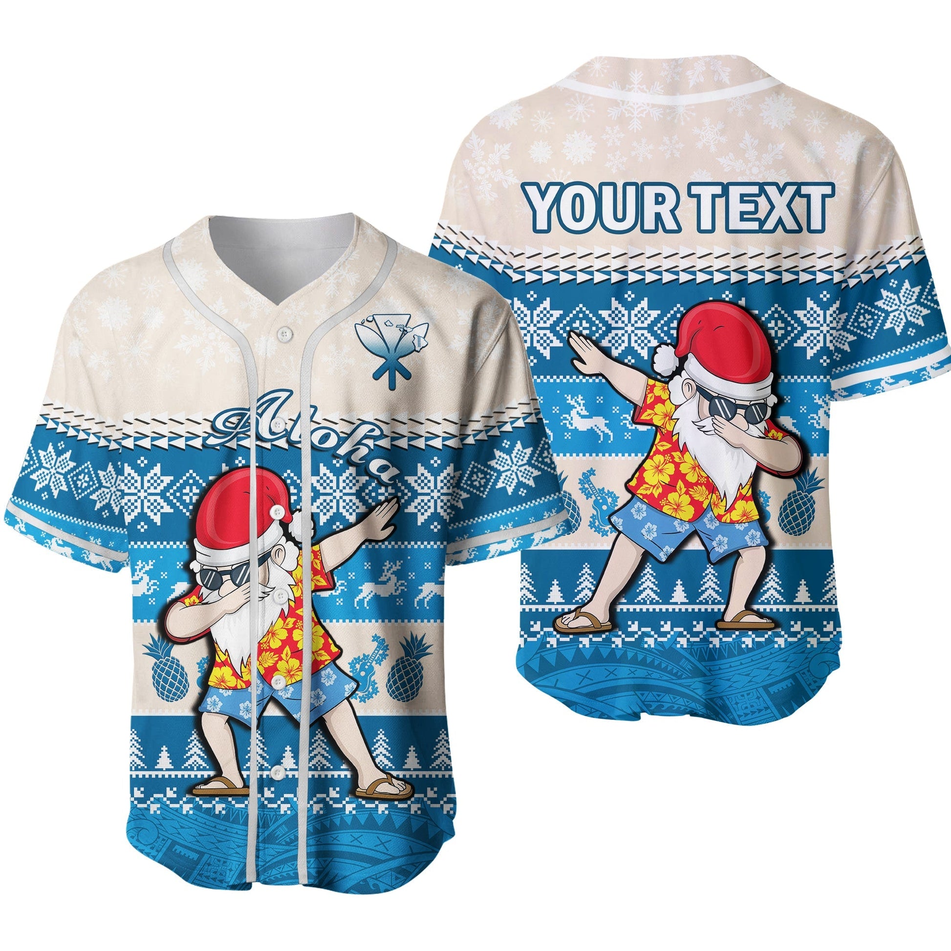 (Custom Personalised) Hawaii Mele Kalikimaka Baseball Jersey Dabbing Santa Blue Merry Christmas Ver.02