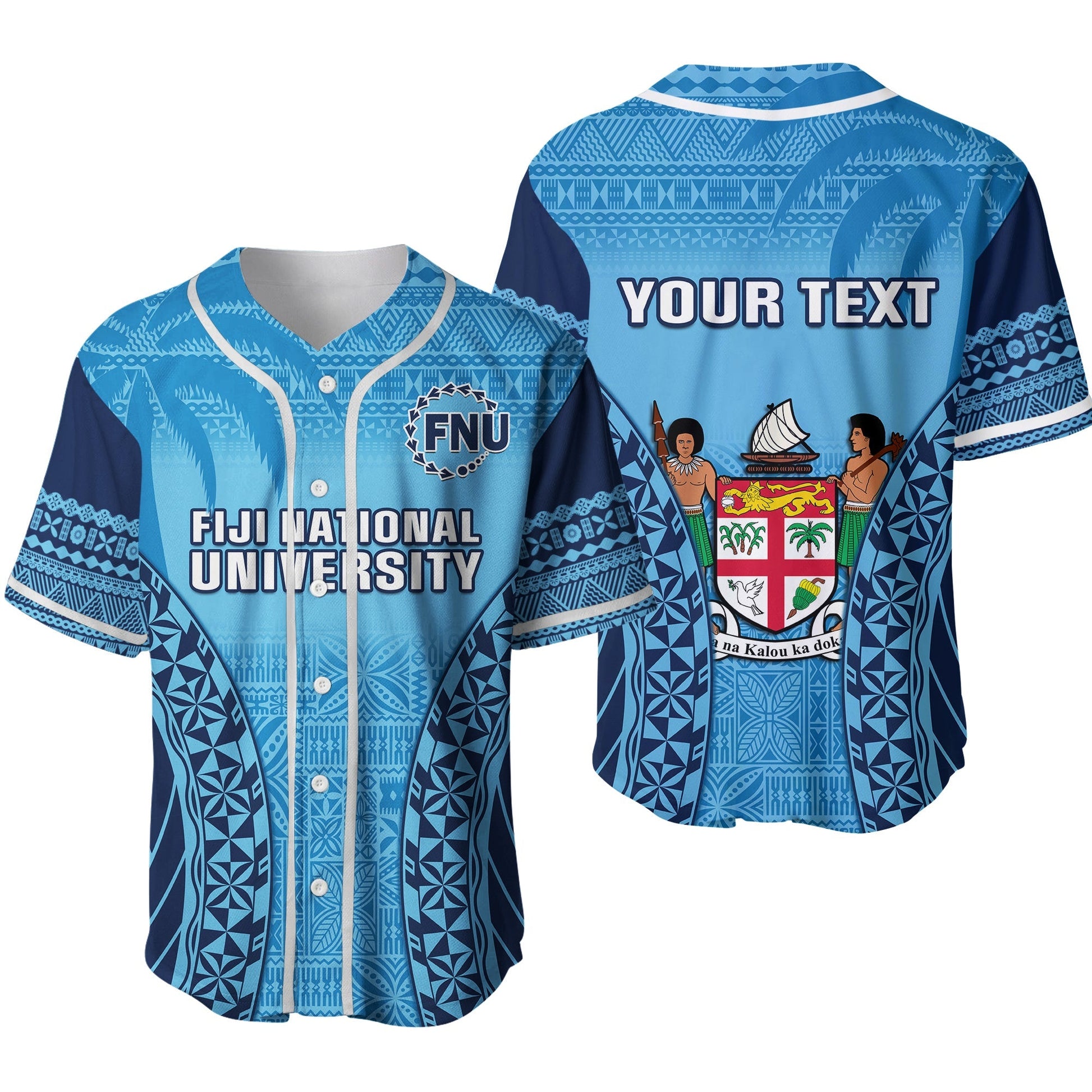 (Custom Personalised) Fiji University Baseball Jersey National Fijian Tapa Pattern Blue Ver.02