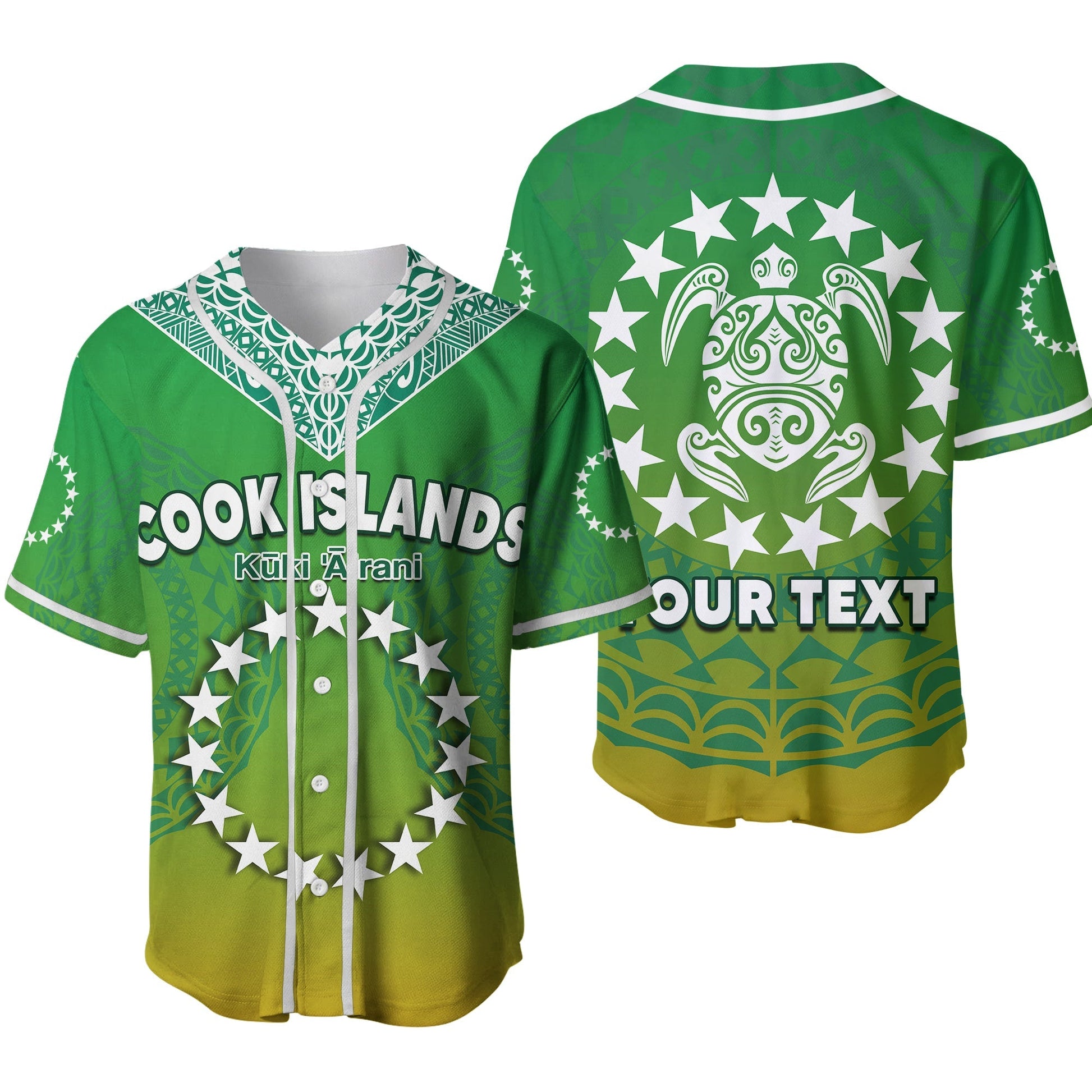 (Custom Personalised) Cook Islands Baseball Jersey Circle Pattern Mix Sea Turtle Green Version 2