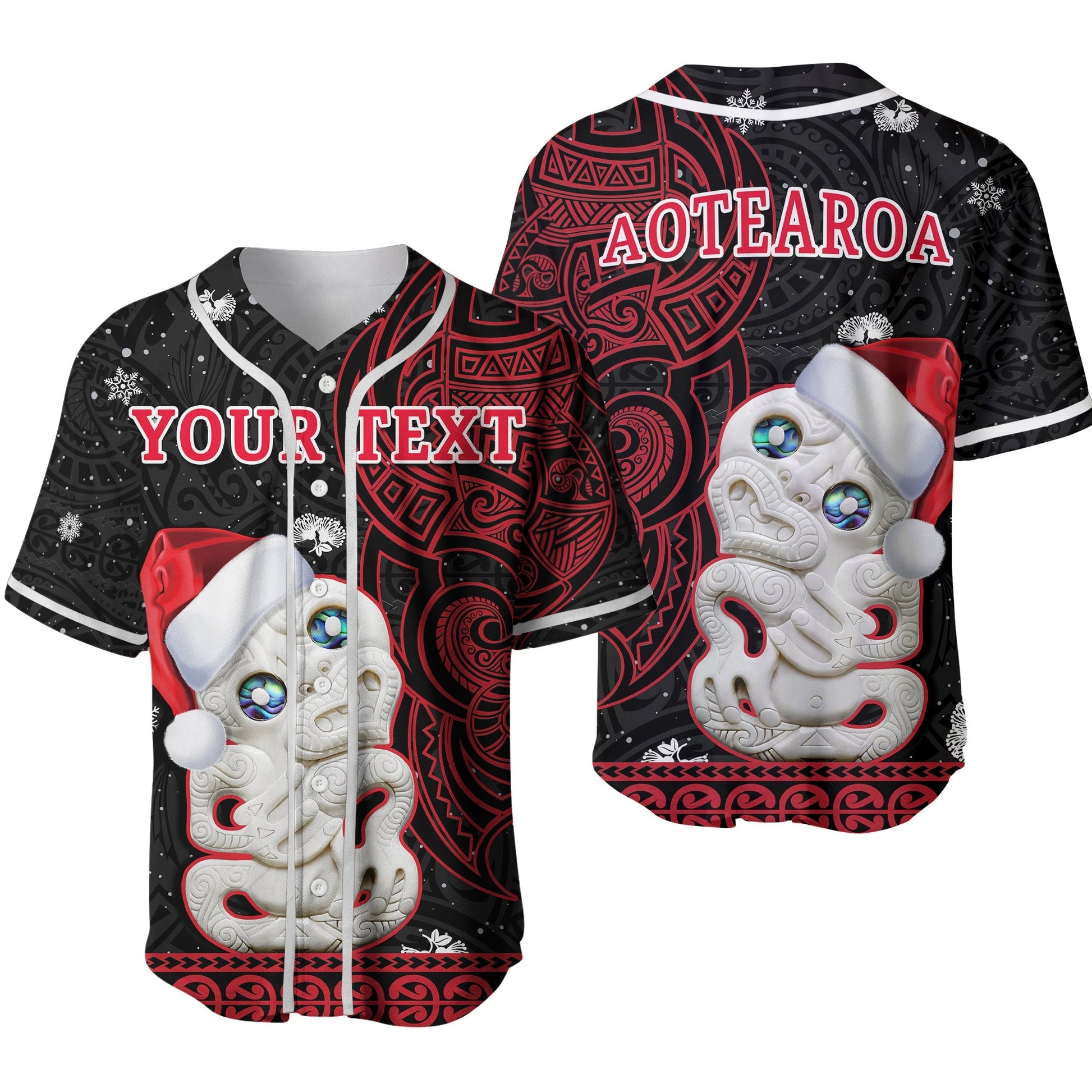 (Custom Personalised) New Zealand Christmas Baseball Jersey Hei Tiki Red Pohutukawa Meri Kirihimete Ver.02