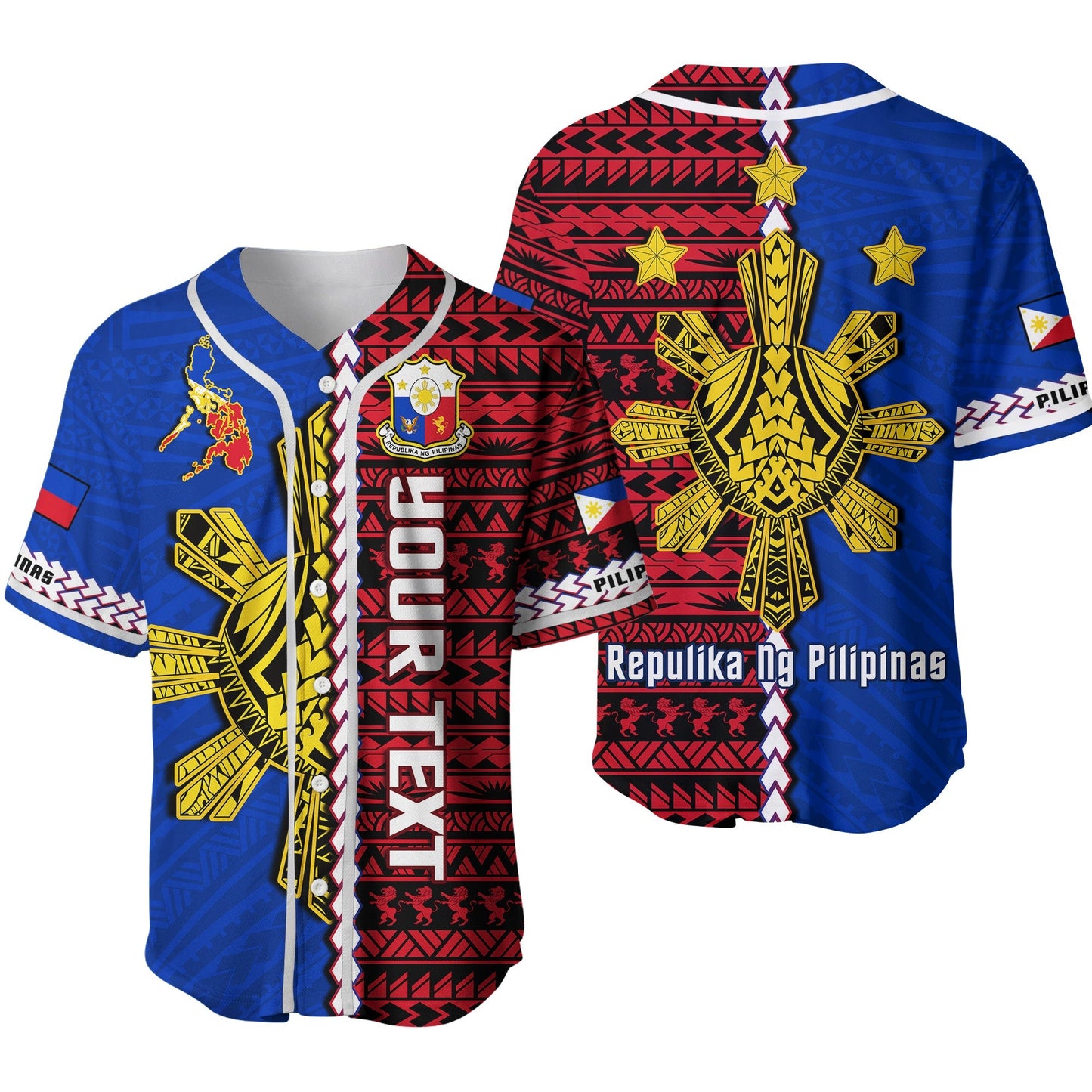 (Custom Personalised) Philippines Baseball Jersey Pilipinas Sun Mix Polynesian Pattern White Strip