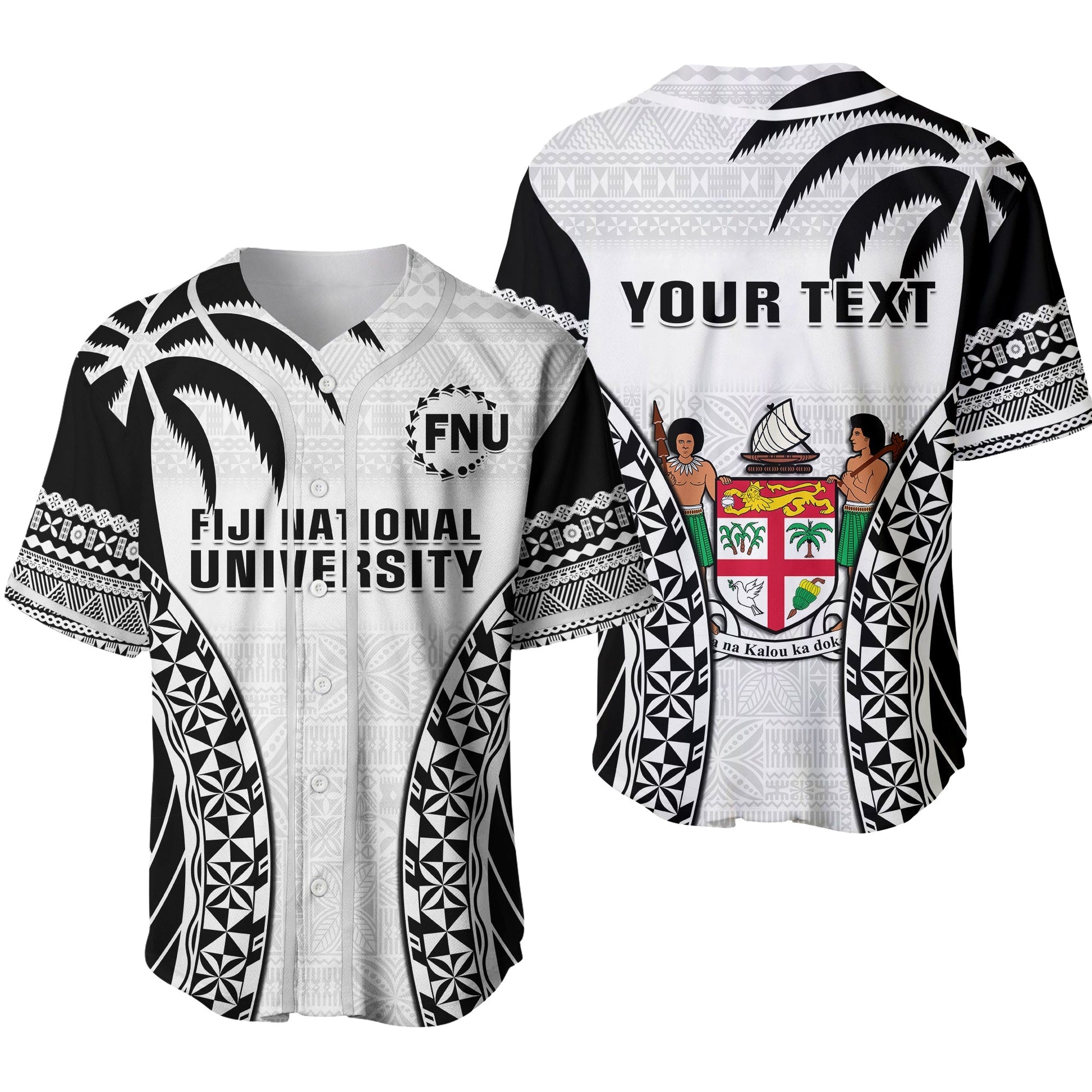 (Custom Personalised) Fiji University Baseball Jersey National Fijian Tapa Pattern White Ver.02