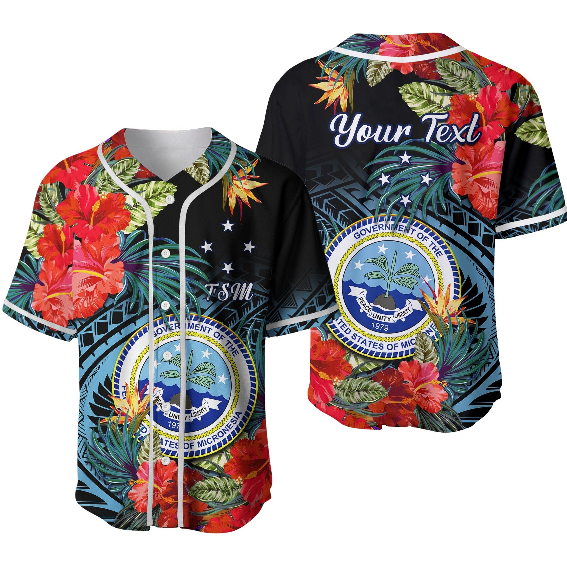 (Custom Personalised) Federated States of Micronesia Baseball Jersey Hibiscus Flowers FSM Seal Polynesian Ver.02