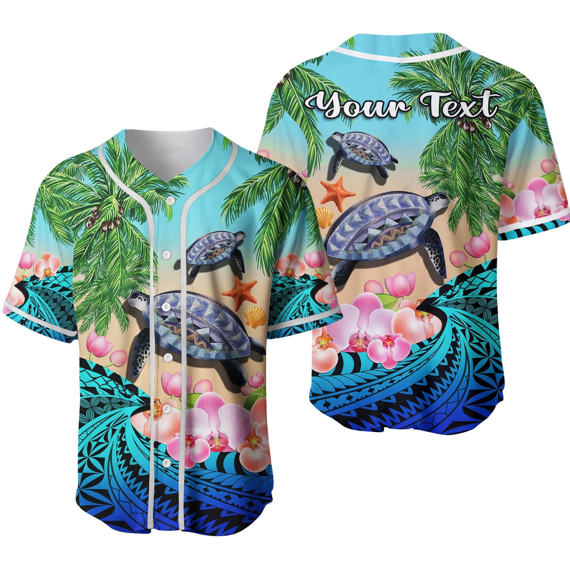 (Custom Personalised) Polynesian Turtle Coconut Tree And Orchids Baseball Jersey 02