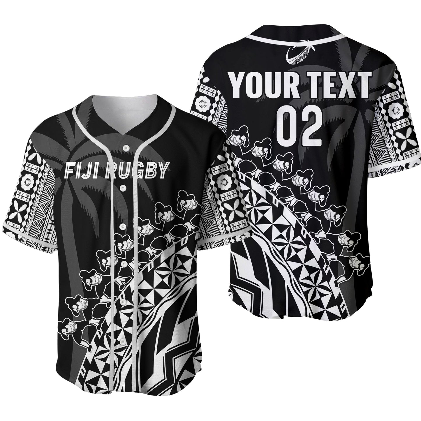 (Custom Text And Number) Fiji Rugby Baseball Jersey Fijian Cibi Dance Tapa Pattern Black 02