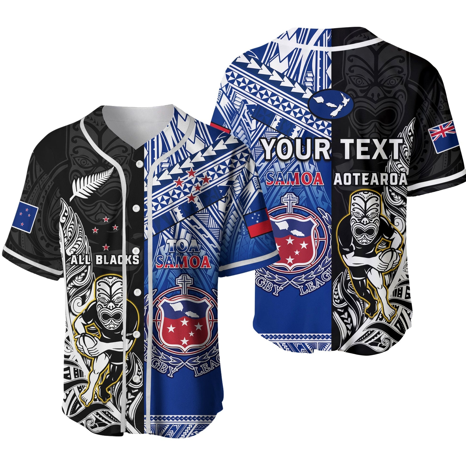 (Custom Personalised) All Black And Toa Samoa Rugby Baseball Jersey NZ Maori Fern Mix Polynesian Ver.02