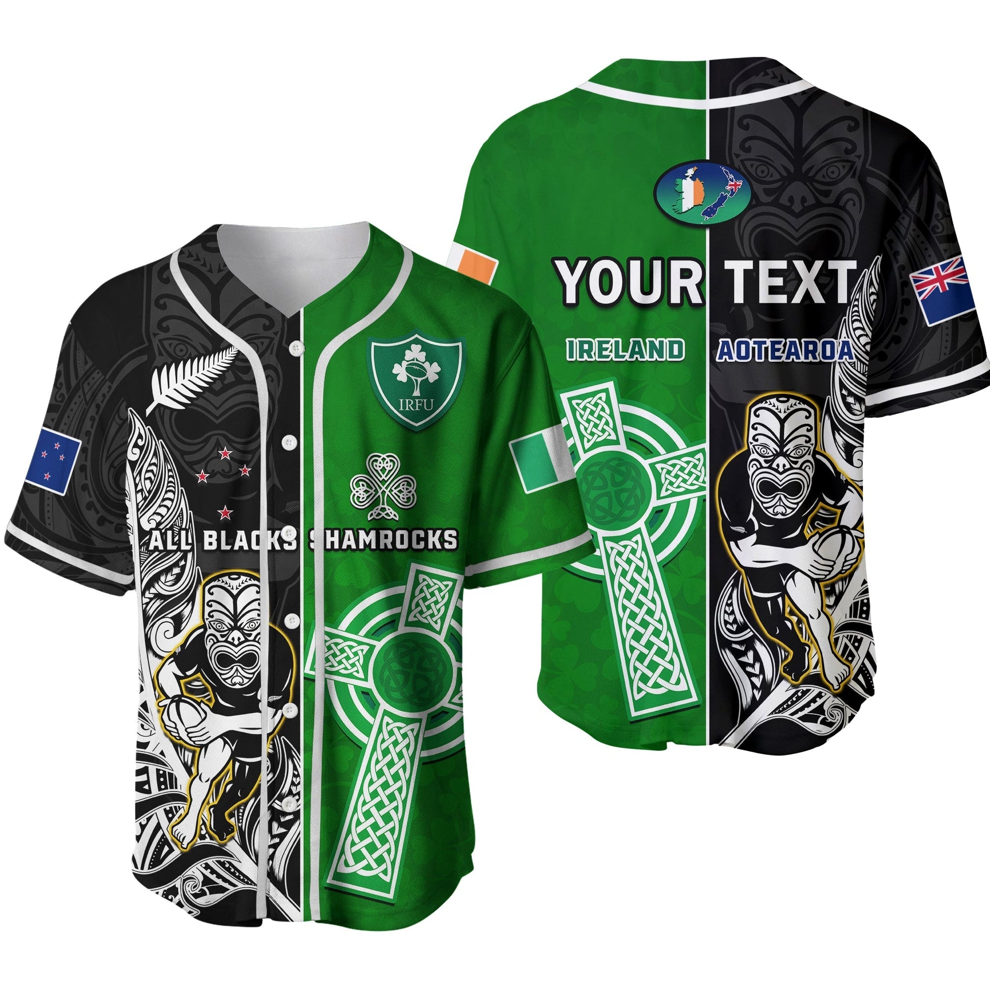 (Custom Personalised) New Zealand And Ireland Rugby Baseball Jersey All Black Maori Mix Shamrocks Ver.02