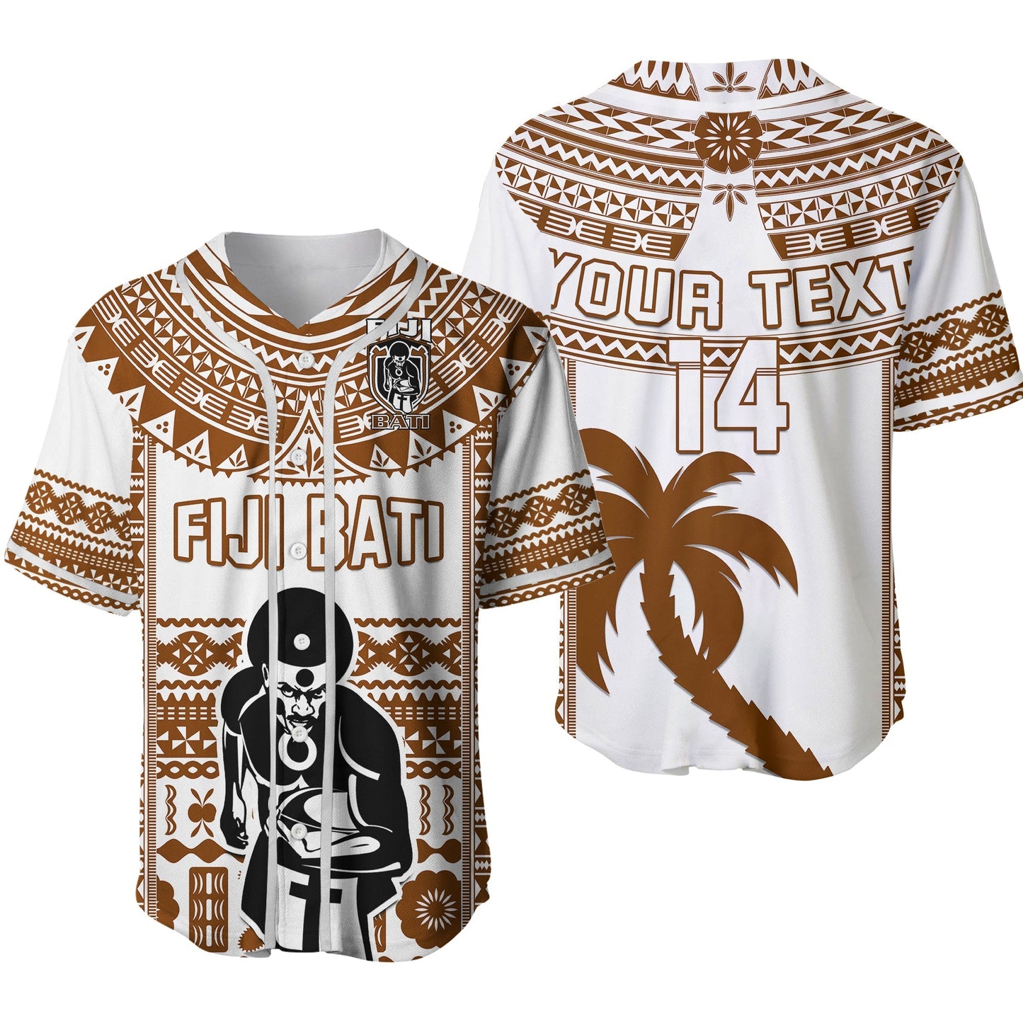 Custom Text And Number Fiji Rugby Baseball Jersey Pacific The Bati Brown Fijian Tapa Ver.02