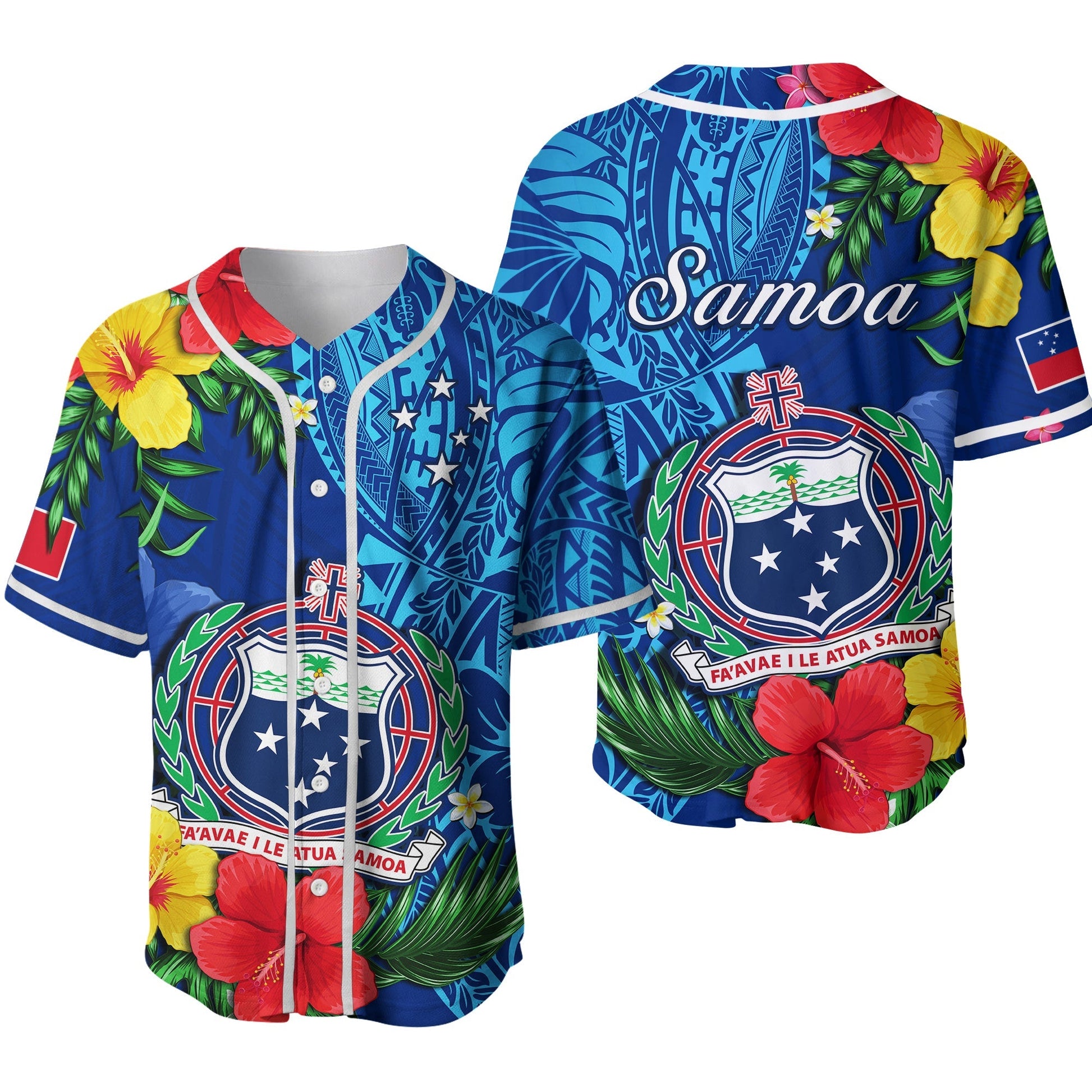 Samoa Baseball Jersey Coat Of Arms Mix Tropical Flowers Ver.02