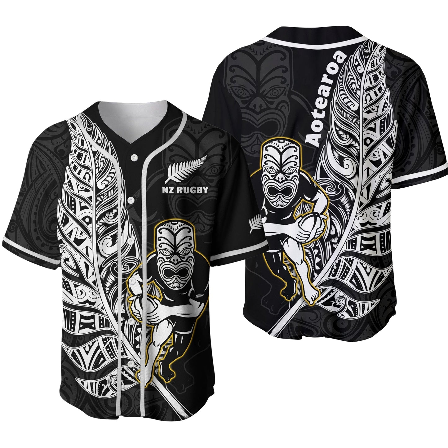 New Zealand Silver Fern Rugby Baseball Jersey All Black Maori Version Black Ver.02