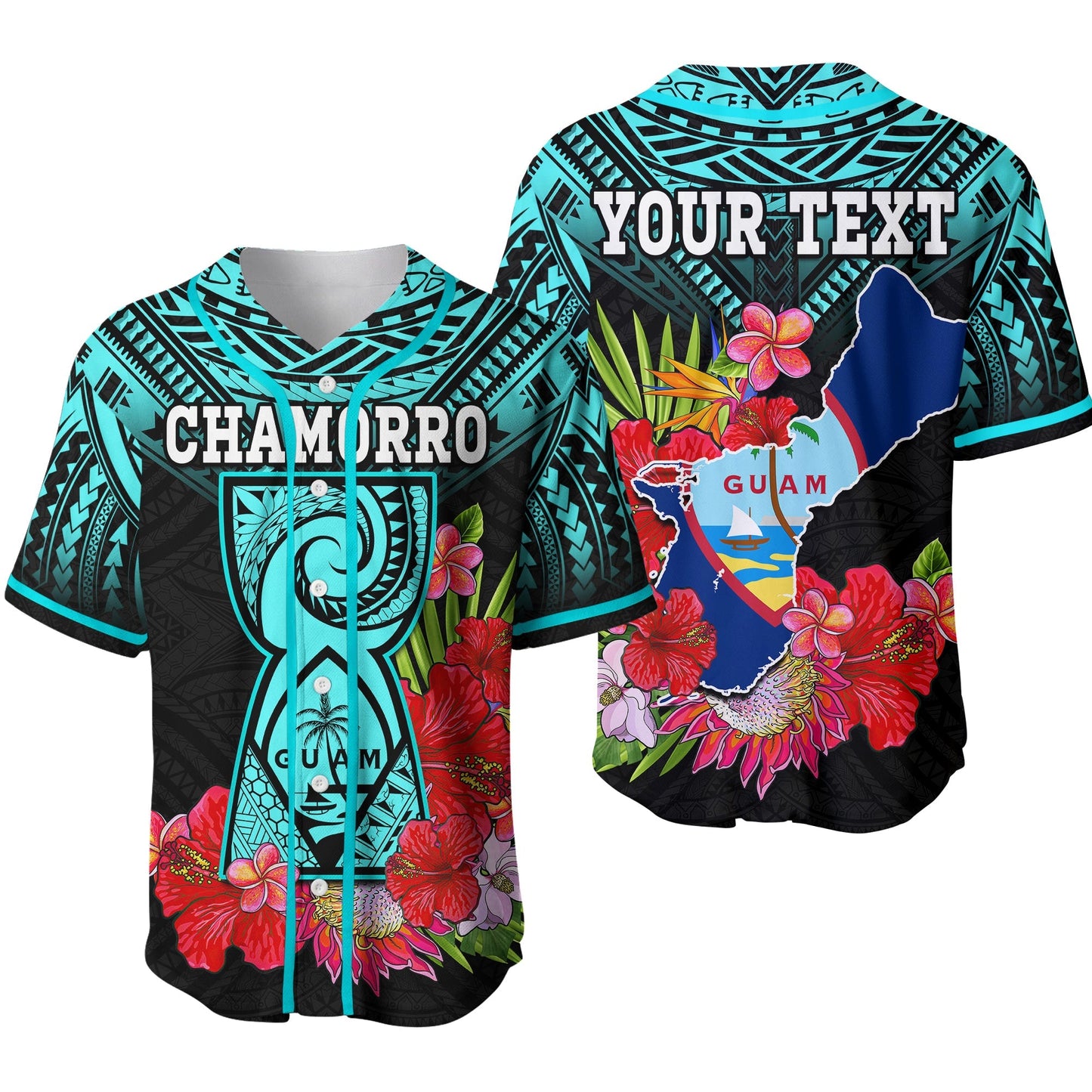 (Custom Personalised) Guam Chamorro Baseball Jersey Guaman Latte Stone Tropical Flowers Turquoise Style 02