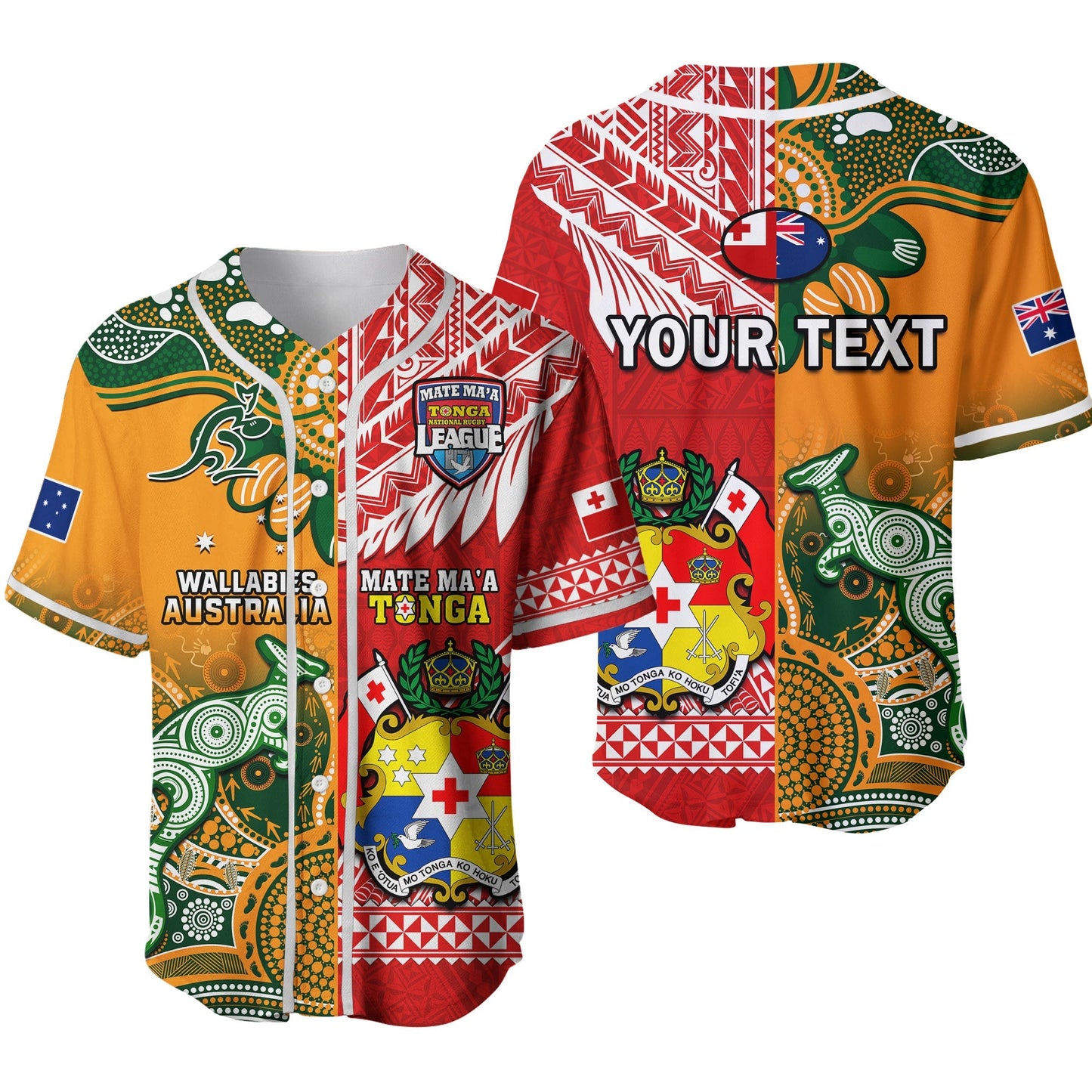 (Custom Personalised) Mate Maa Tonga And Wallabies Rugby Baseball Jersey Polynesian Mix Aboriginal Ver.02