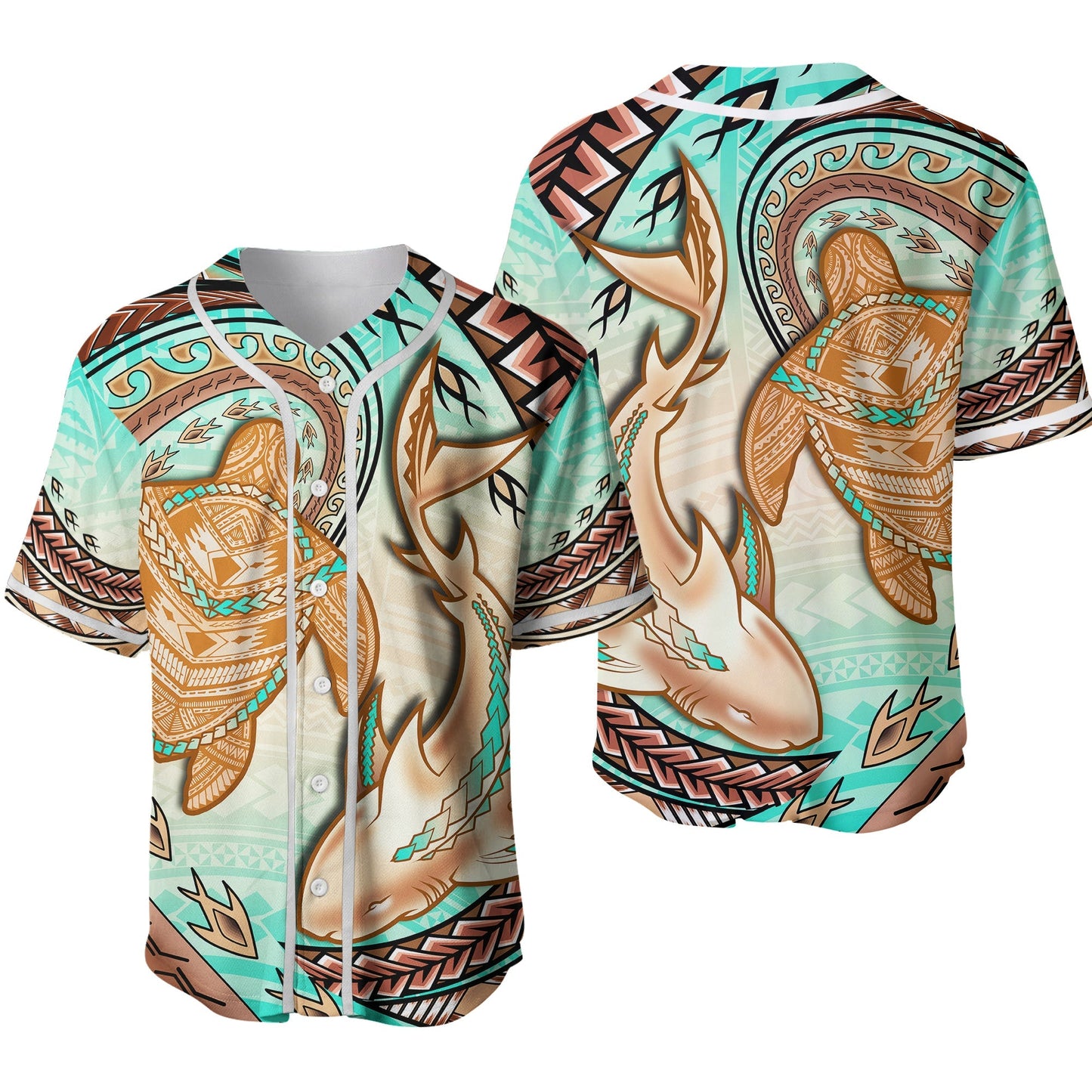 Hawaii Baseball Jersey Polynesian Shark And Sea Turtle Dreamy Turquoise Artsy Ver.02
