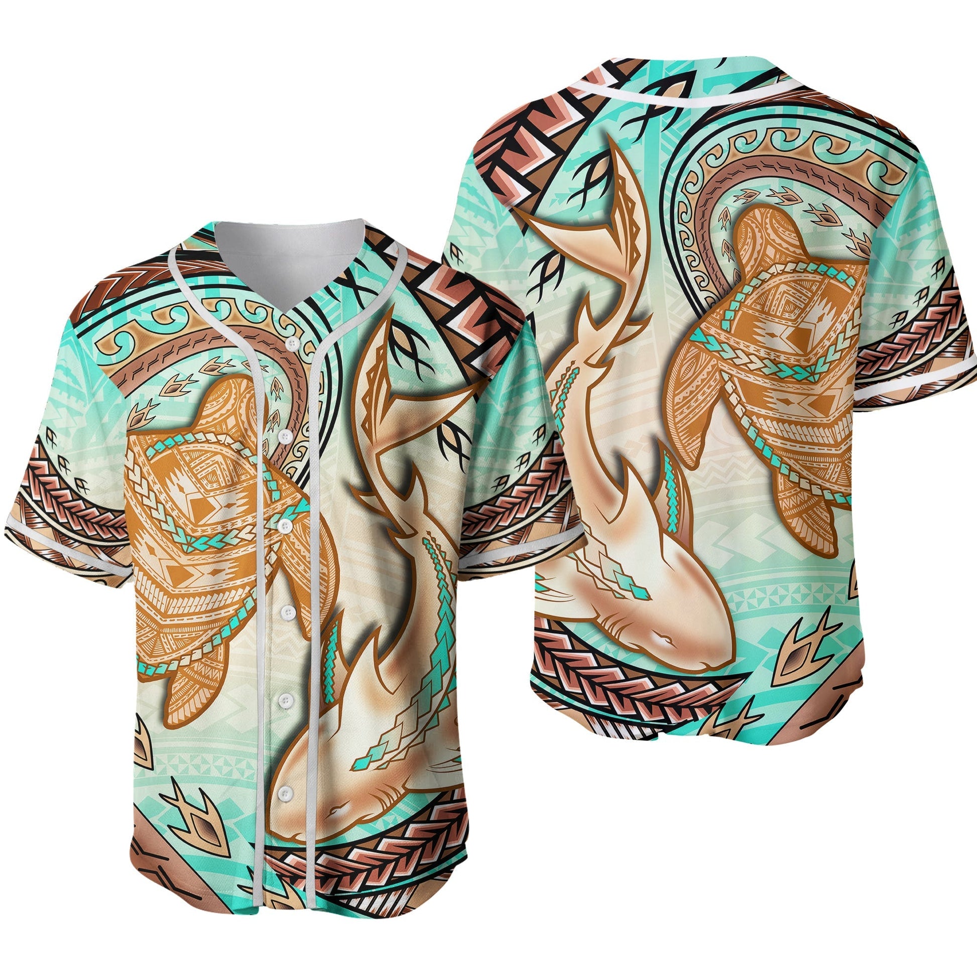 Hawaii Baseball Jersey Polynesian Shark And Sea Turtle Dreamy Turquoise Artsy Ver.02
