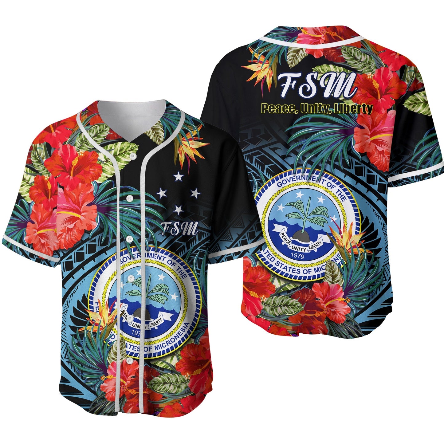 Federated States of Micronesia Baseball Jersey Hibiscus Flowers FSM Seal Polynesian Ver.02