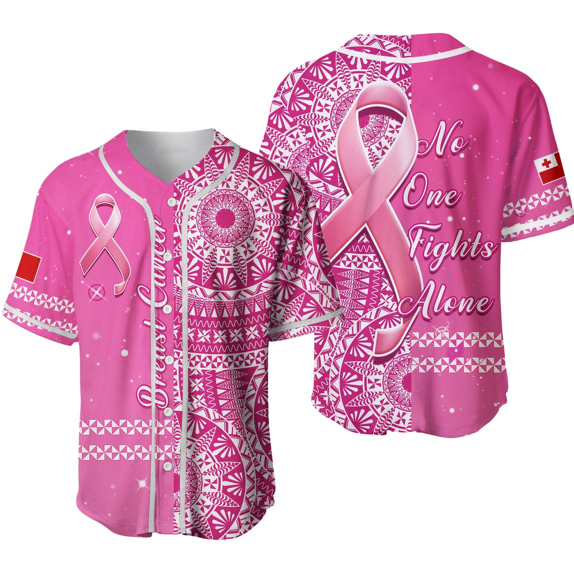 Tonga Breast Cancer Baseball Jersey Tongan Ngatu Pattern No One Fights Alone Ver.02