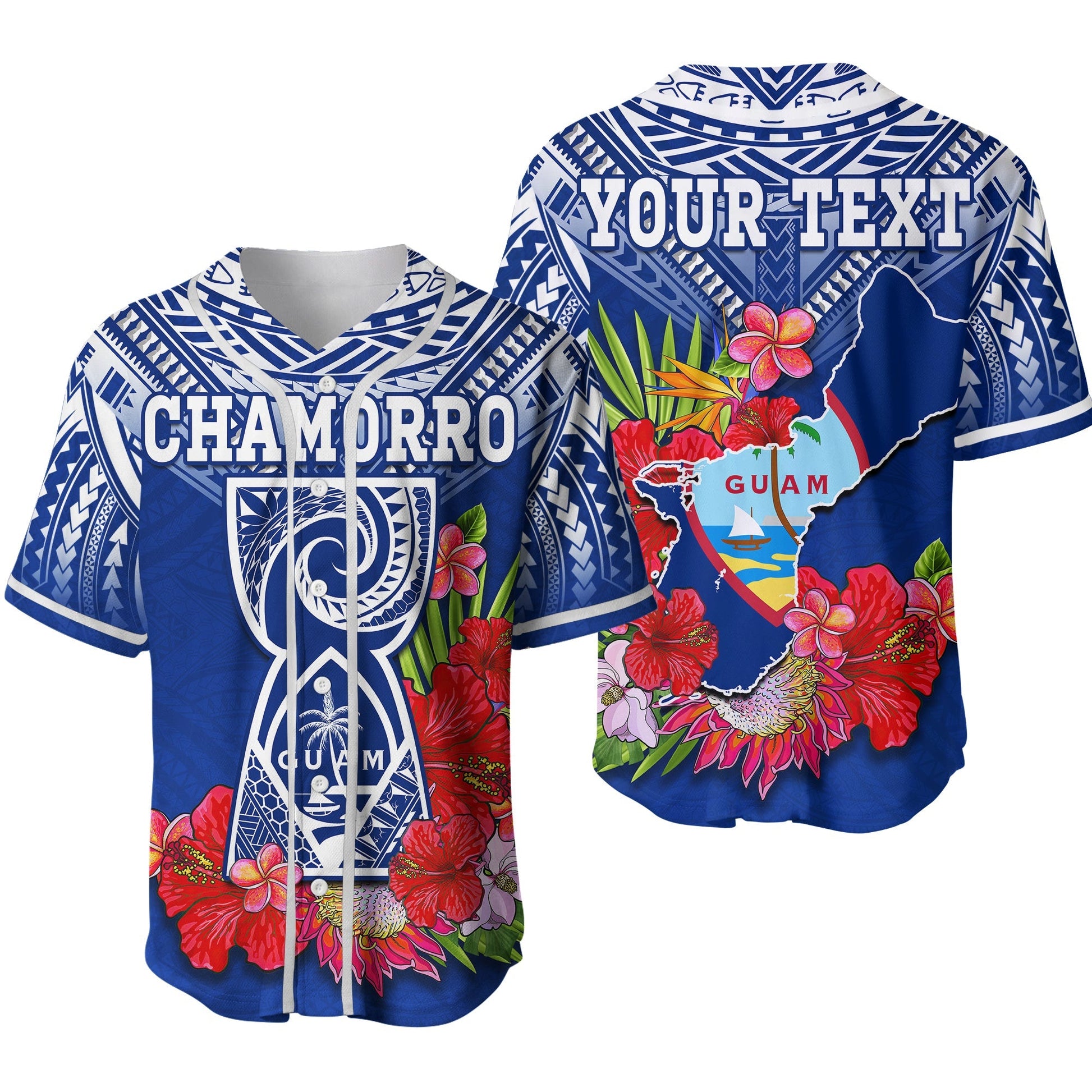 (Custom Personalised) Guam Chamorro Baseball Jersey Guaman Latte Stone Tropical Flowers Blue Version 02