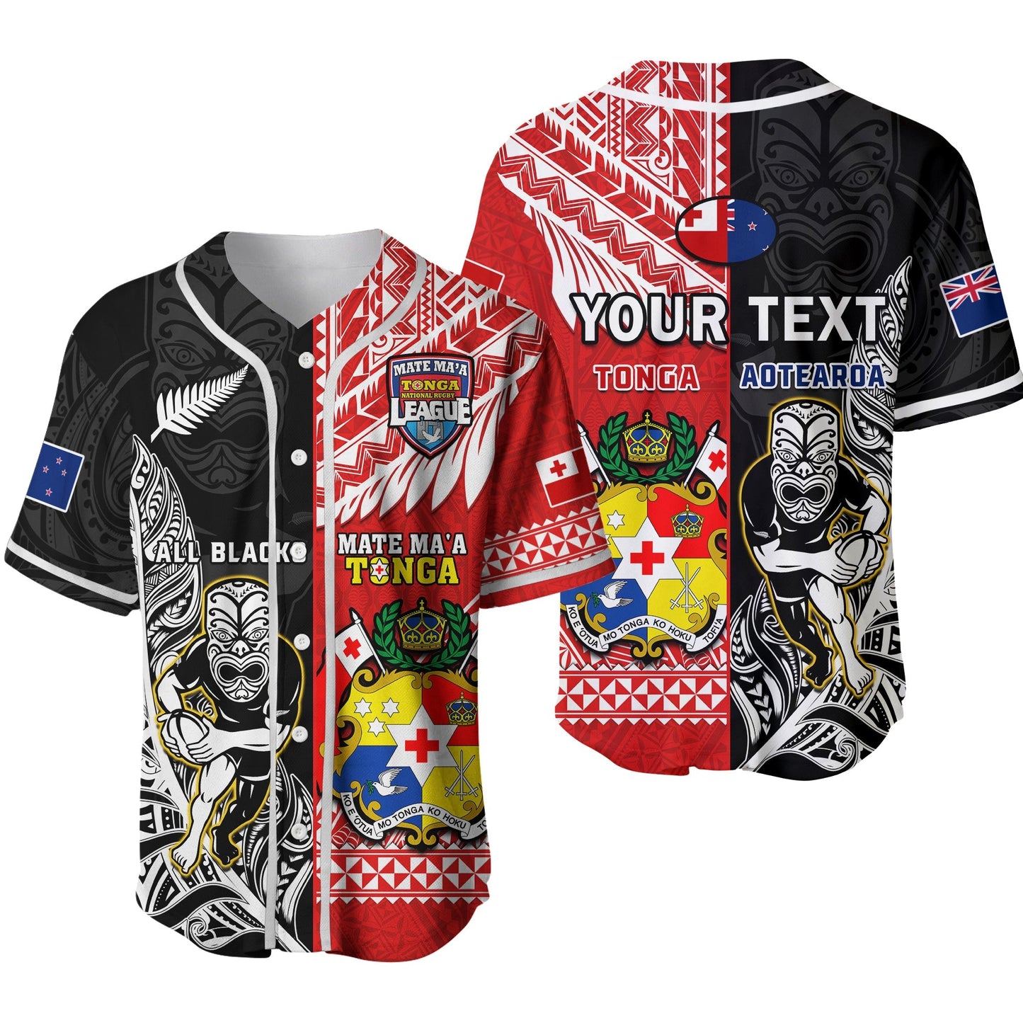 (Custom Personalised) Mate Maa Tonga And All Black Rugby Baseball Jersey Polynesian Mix NZ Maori Fern Ver.02