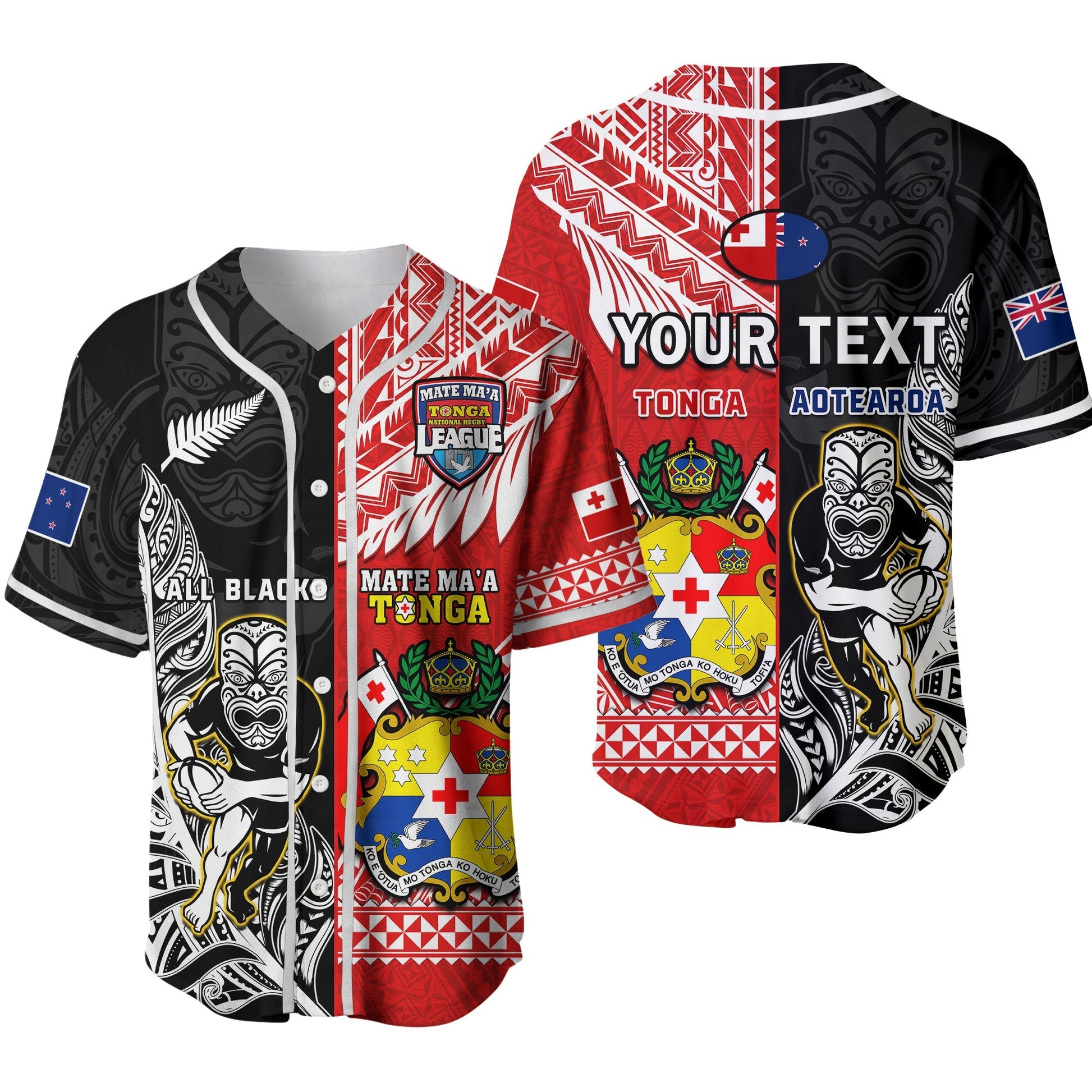 (Custom Personalised) Mate Maa Tonga And All Black Rugby Baseball Jersey Polynesian Mix NZ Maori Fern Ver.02