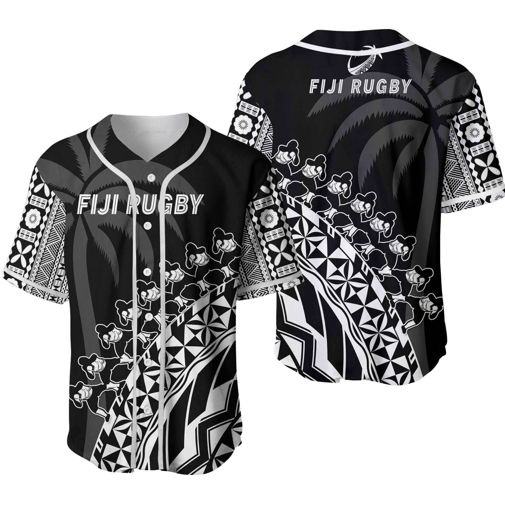Fiji Rugby Baseball Jersey Fijian Cibi Dance Tapa Pattern Black 02
