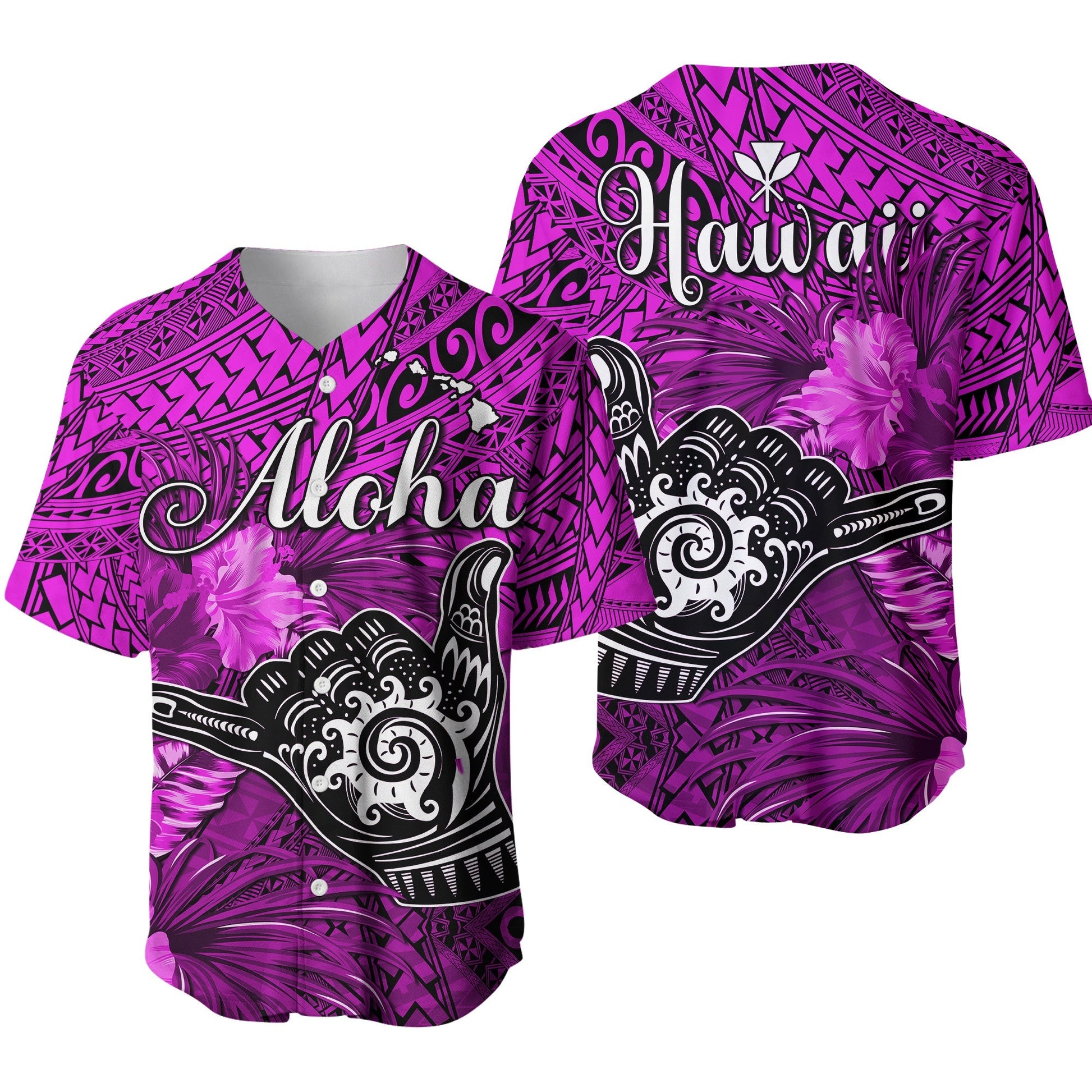 The Shaka Hawaii Baseball Jersey Tropical Flowers Purple Version