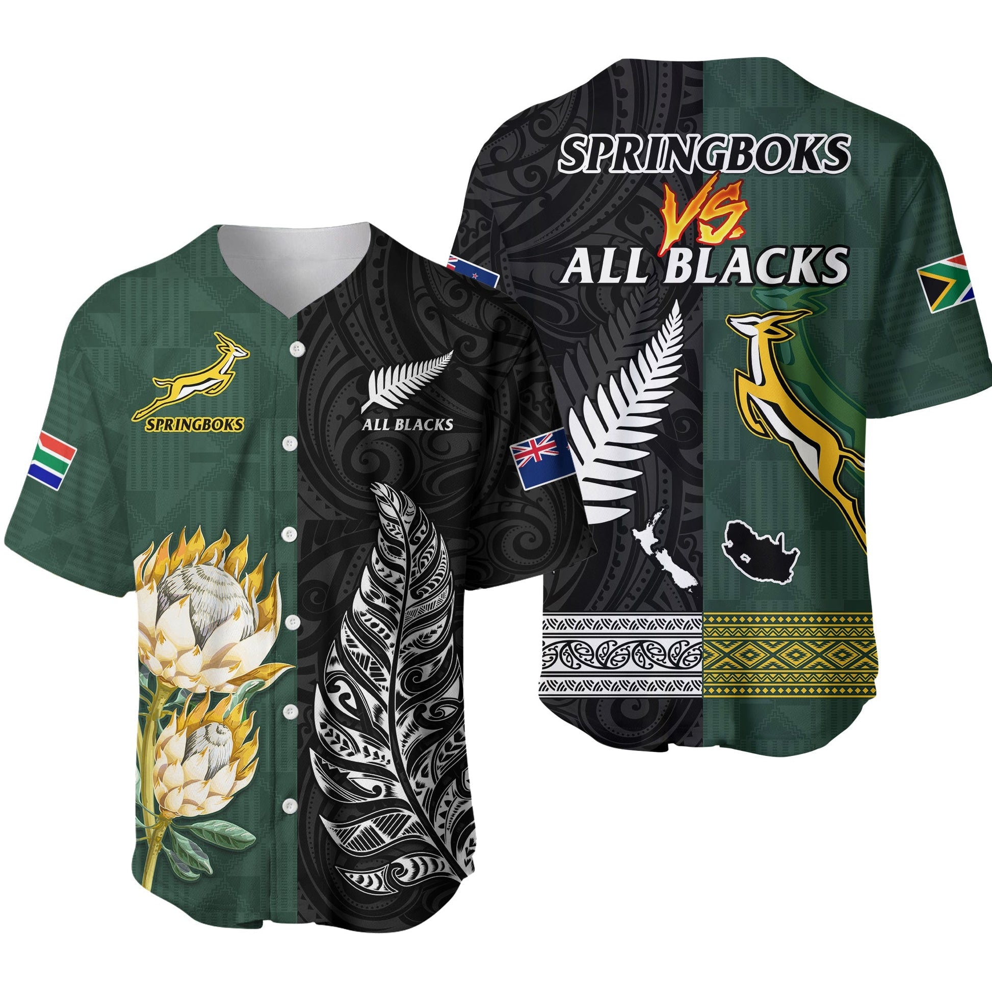 South Africa Protea and New Zealand Fern Baseball Jersey Rugby Go Springboks vs All Black