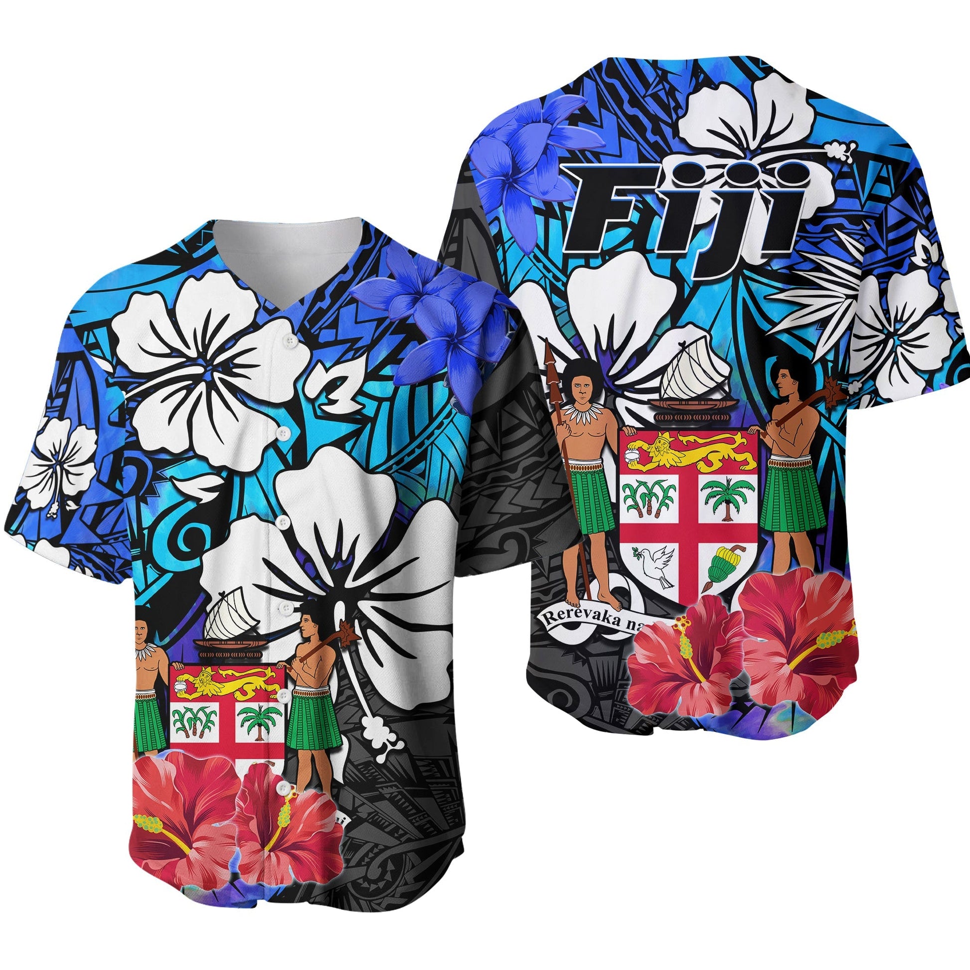 Fiji Tie Dye Baseball Jersey Polynesian Blue Tribal Creative Tropical Flowers