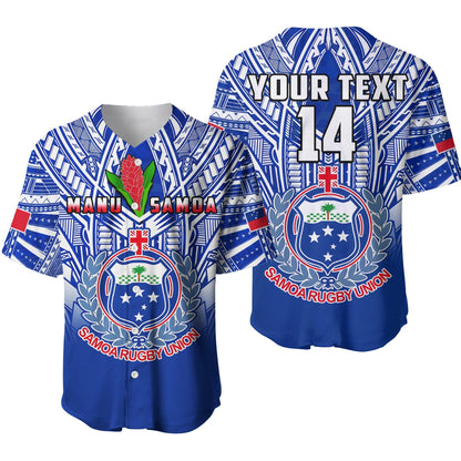 (Custom Text And Number) Samoa Rugby Baseball Jersey Manu Samoa 7s Ginger Blue Polynesian