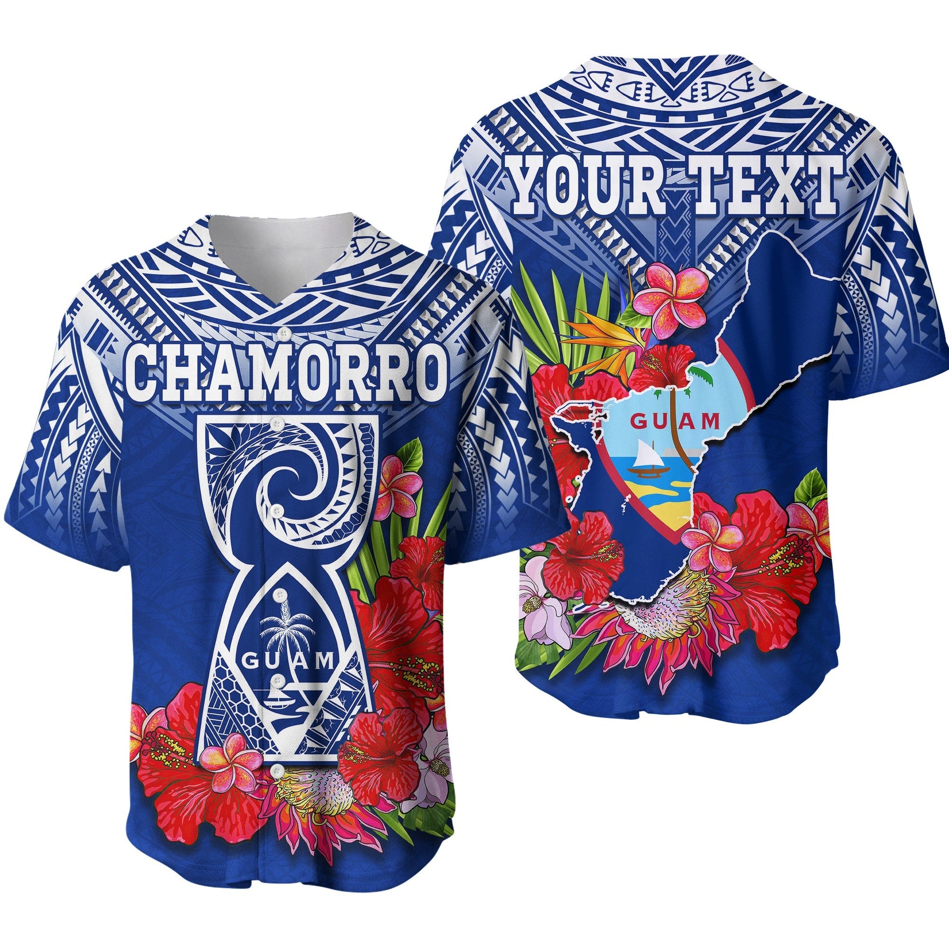 (Custom Personalised) Guam Chamorro Baseball Jersey Guaman Latte Stone Tropical Flowers Blue Version