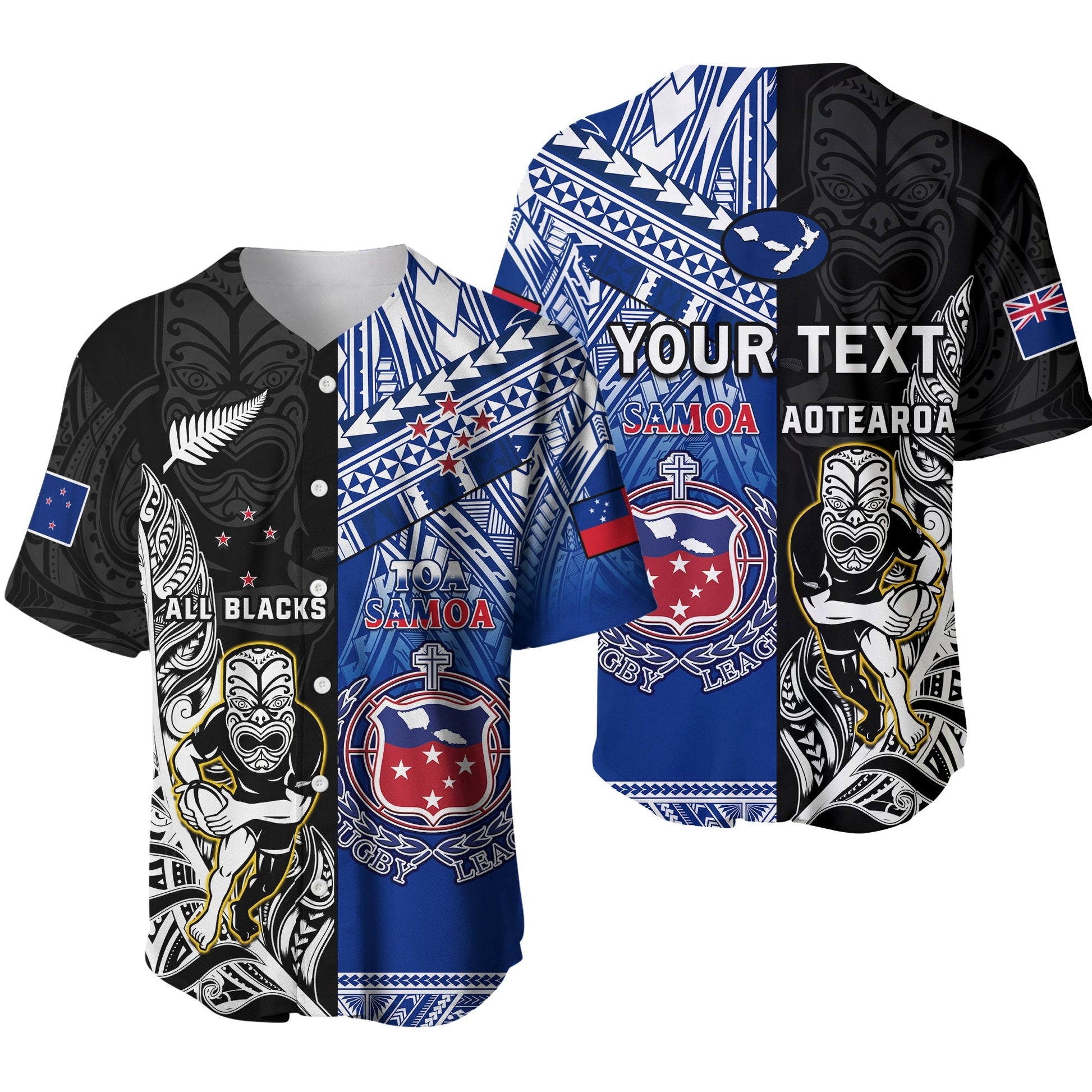 (Custom Personalised) All Black And Toa Samoa Rugby Baseball Jersey NZ Maori Fern Mix Polynesian Ver.01