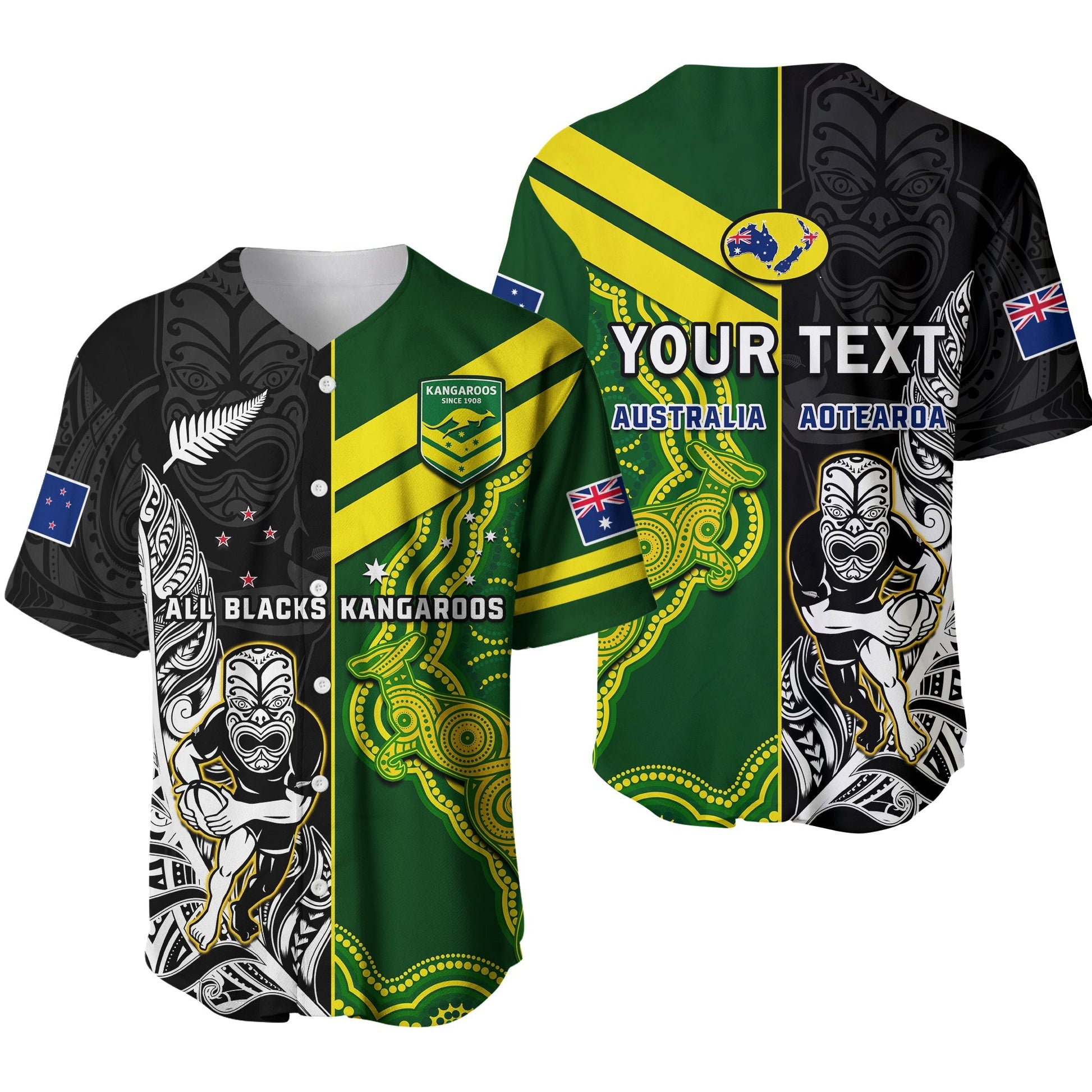 (Custom Personalised) Australia Kangaroos And All Black Rugby Baseball Jersey Aboriginal Mix NZ Maori Fern Ver.01