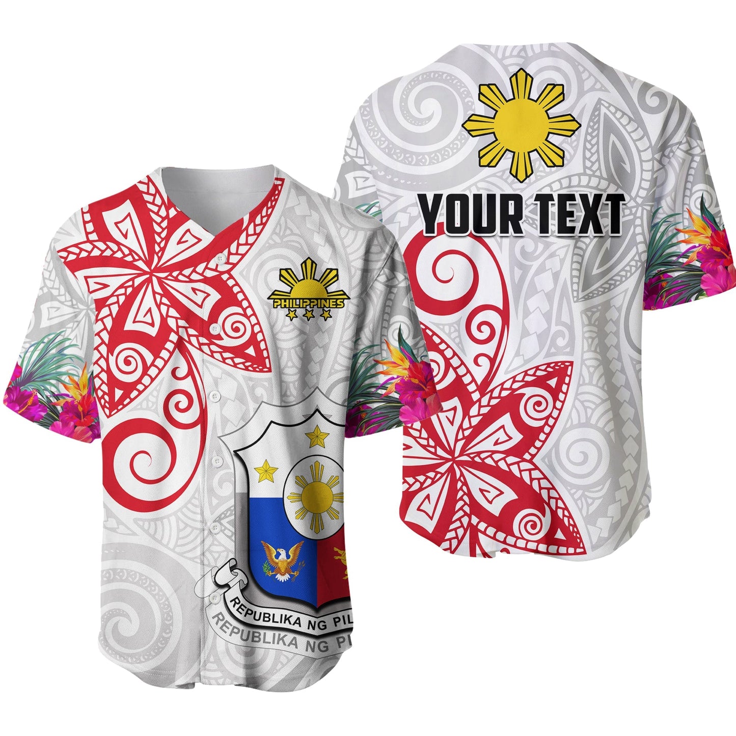 (Custom Personalised) Philippines Baseball Jersey Sun Filipino Polynesian mix Flowers White Vibe