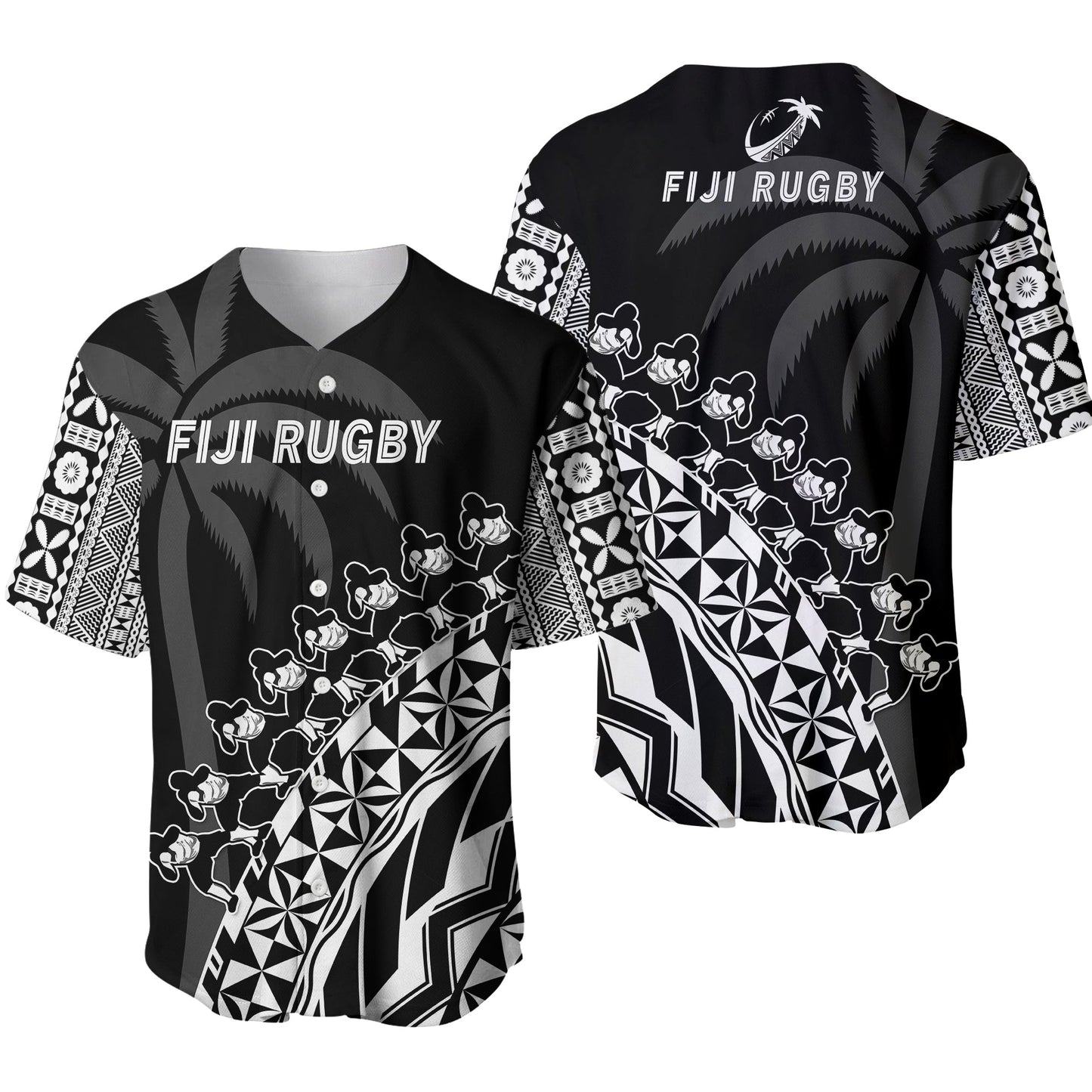 Fiji Rugby Baseball Jersey Fijian Cibi Dance Tapa Pattern Black