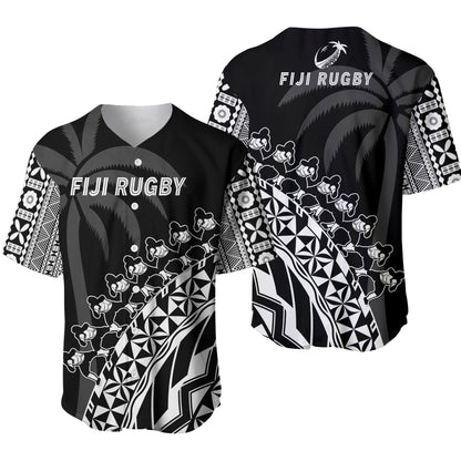 Fiji Rugby Baseball Jersey Fijian Cibi Dance Tapa Pattern Black