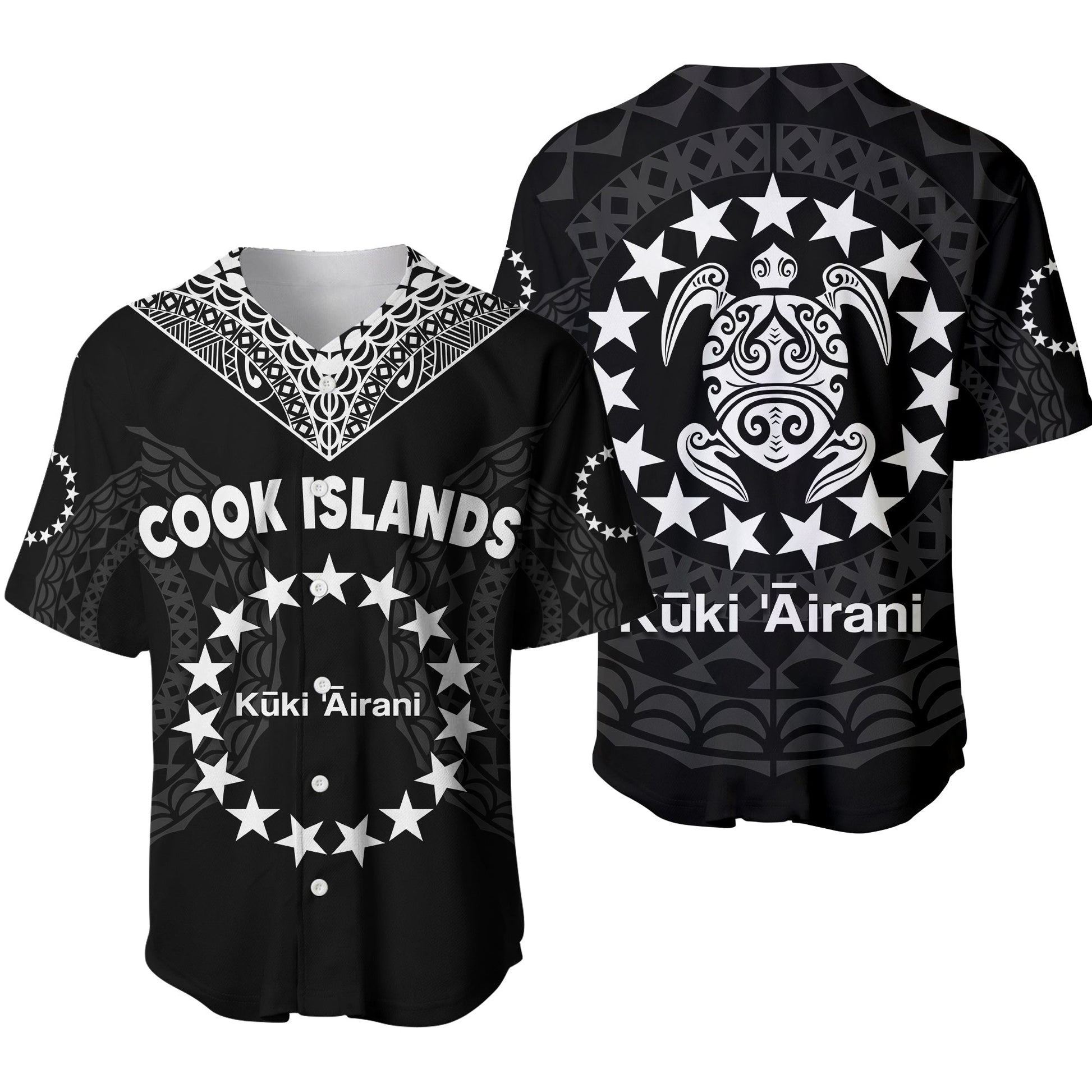 Cook Islands Baseball Jersey Circle Pattern Mix Sea Turtle Black Version
