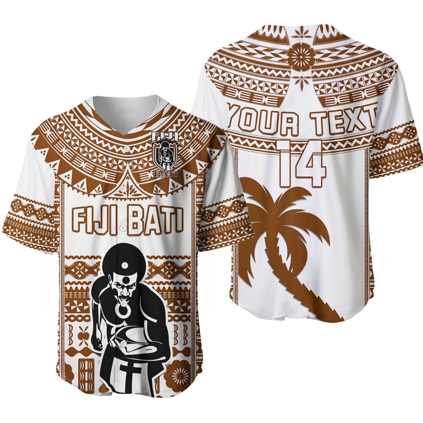 Custom Text And Number Fiji Rugby Baseball Jersey Pacific The Bati Brown Fijian Tapa