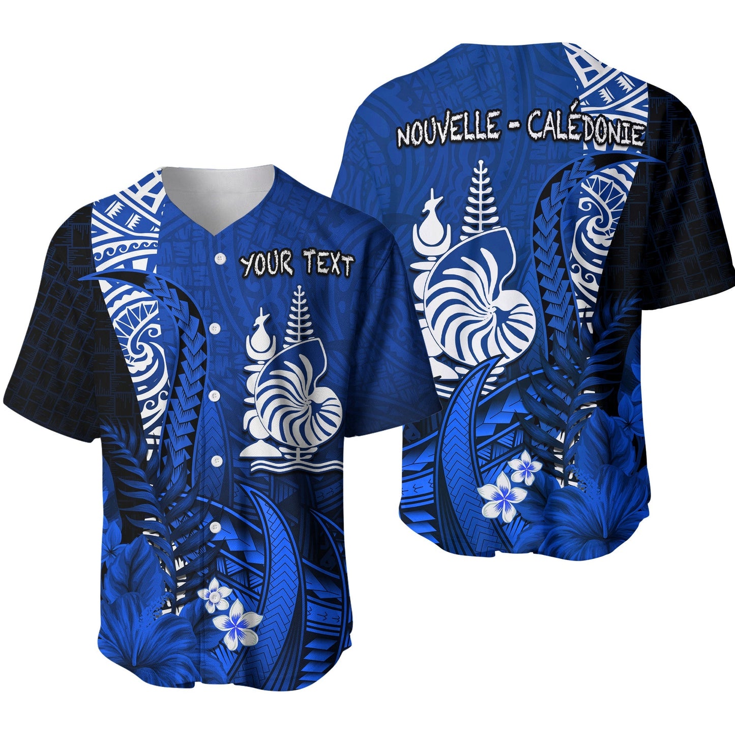 (Custom Personalised) New Caledonia Baseball Jersey Nautilus Blue Polynesian Hibiscus