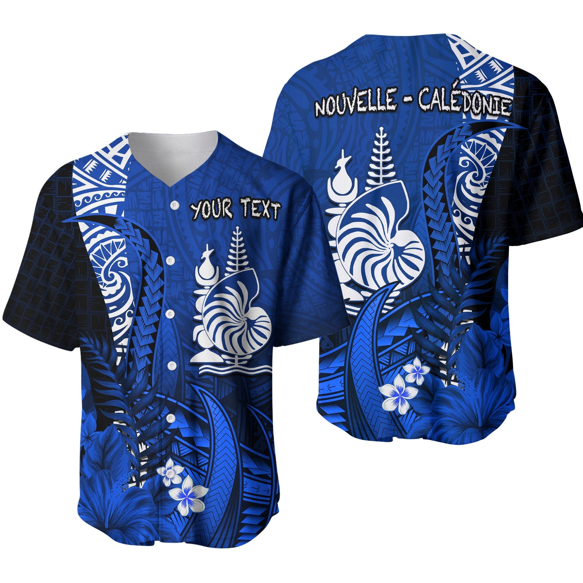 (Custom Personalised) New Caledonia Baseball Jersey Nautilus Blue Polynesian Hibiscus