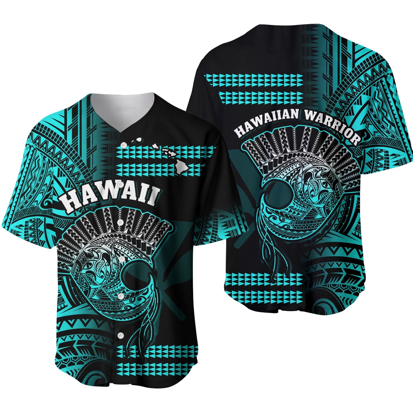 Hawaii Baseball Jersey Kakau Warrior Helmet Gradient Turquoise Polynesian Ver.01