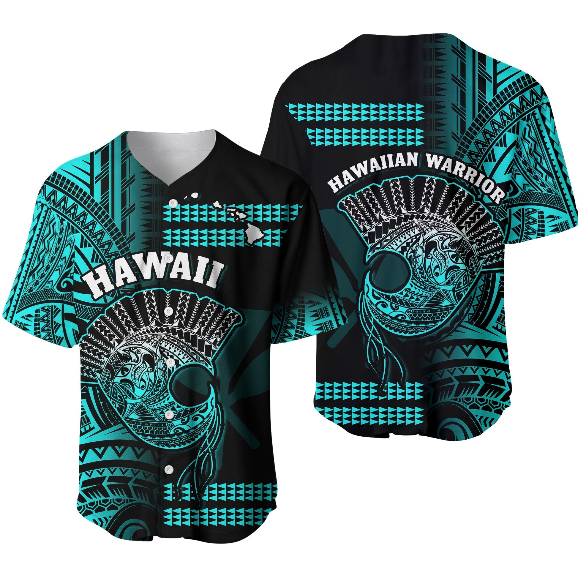 Hawaii Baseball Jersey Kakau Warrior Helmet Gradient Turquoise Polynesian Ver.01