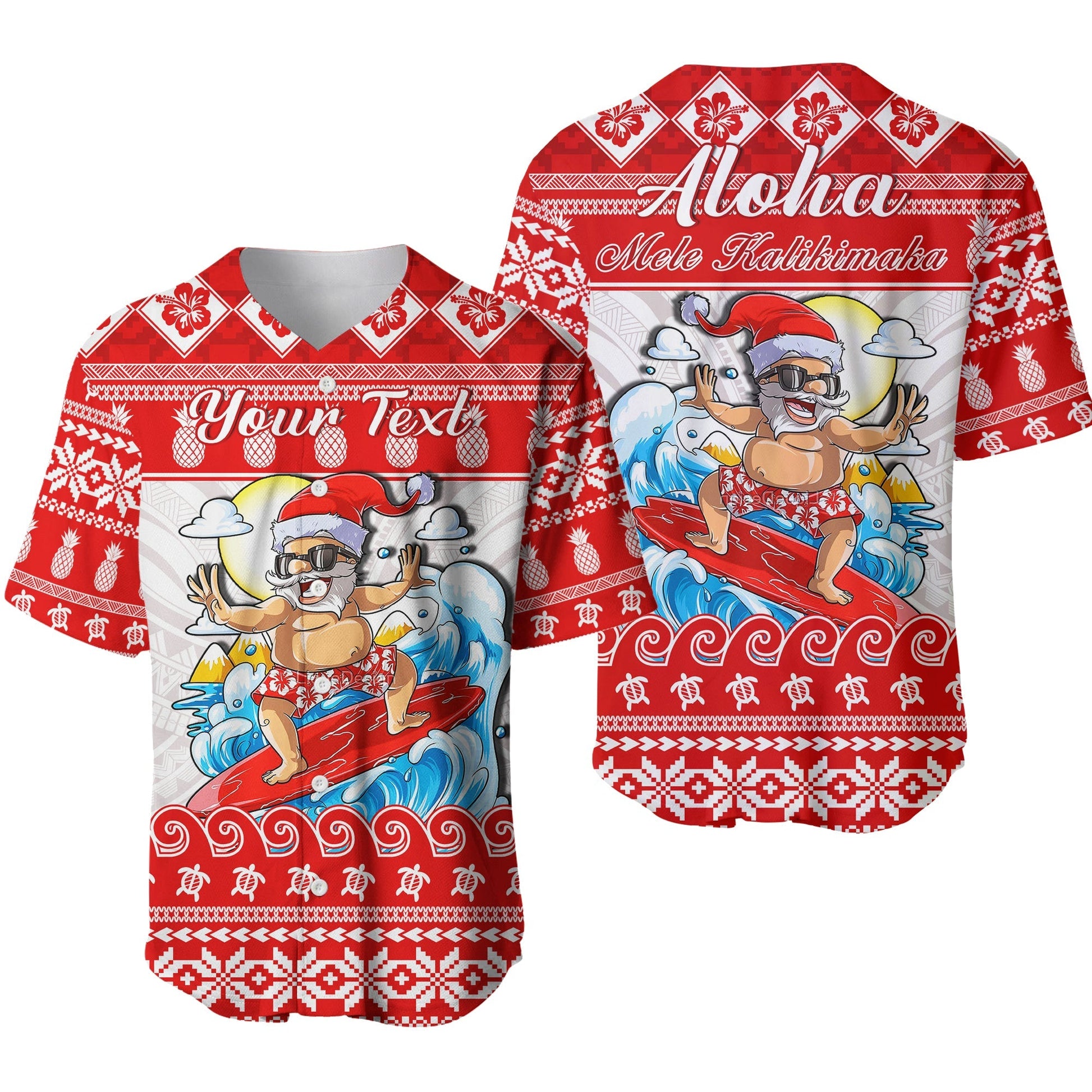 Custom Personalised Hawaii Christmas Baseball Jersey Surfing Santa Mele Kalikimaka Polynesian